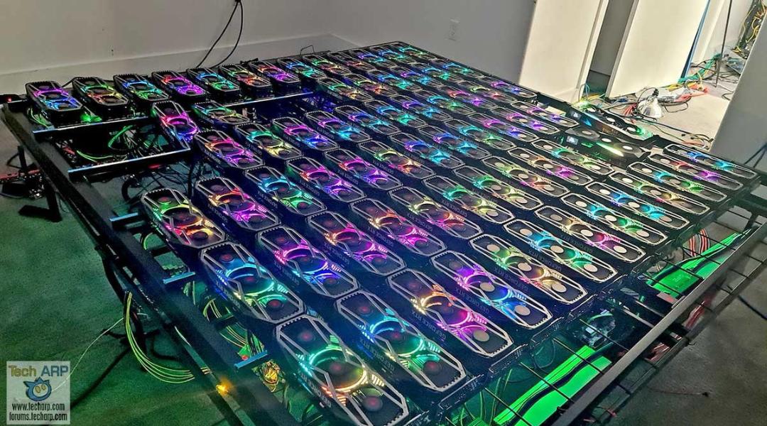 78 کارت گرافیک RTX 3080 در ریگ استخراج رمزارز با نور RGB