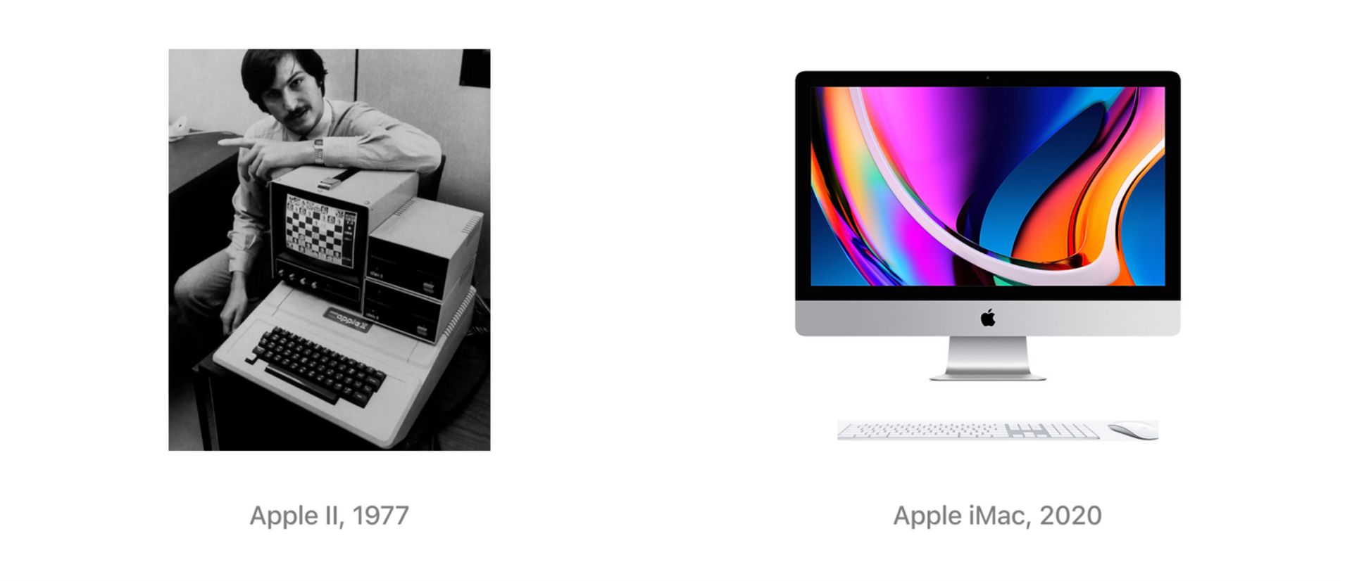 نمایی از استیو جابز و ریزرایانه‌ی Apple II در کنار آی‌مک