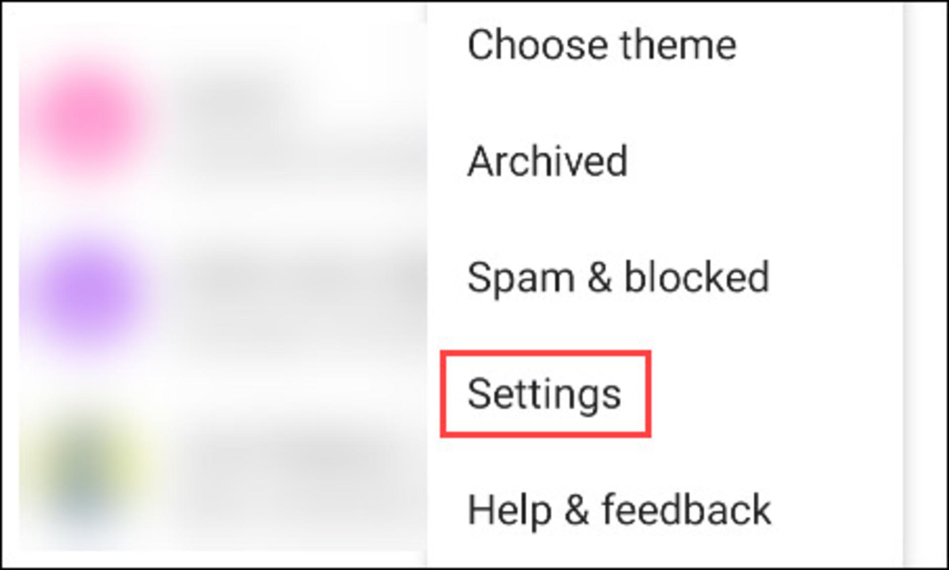 منوی کشویی گوگل مسیجز شامل گزینه Settings