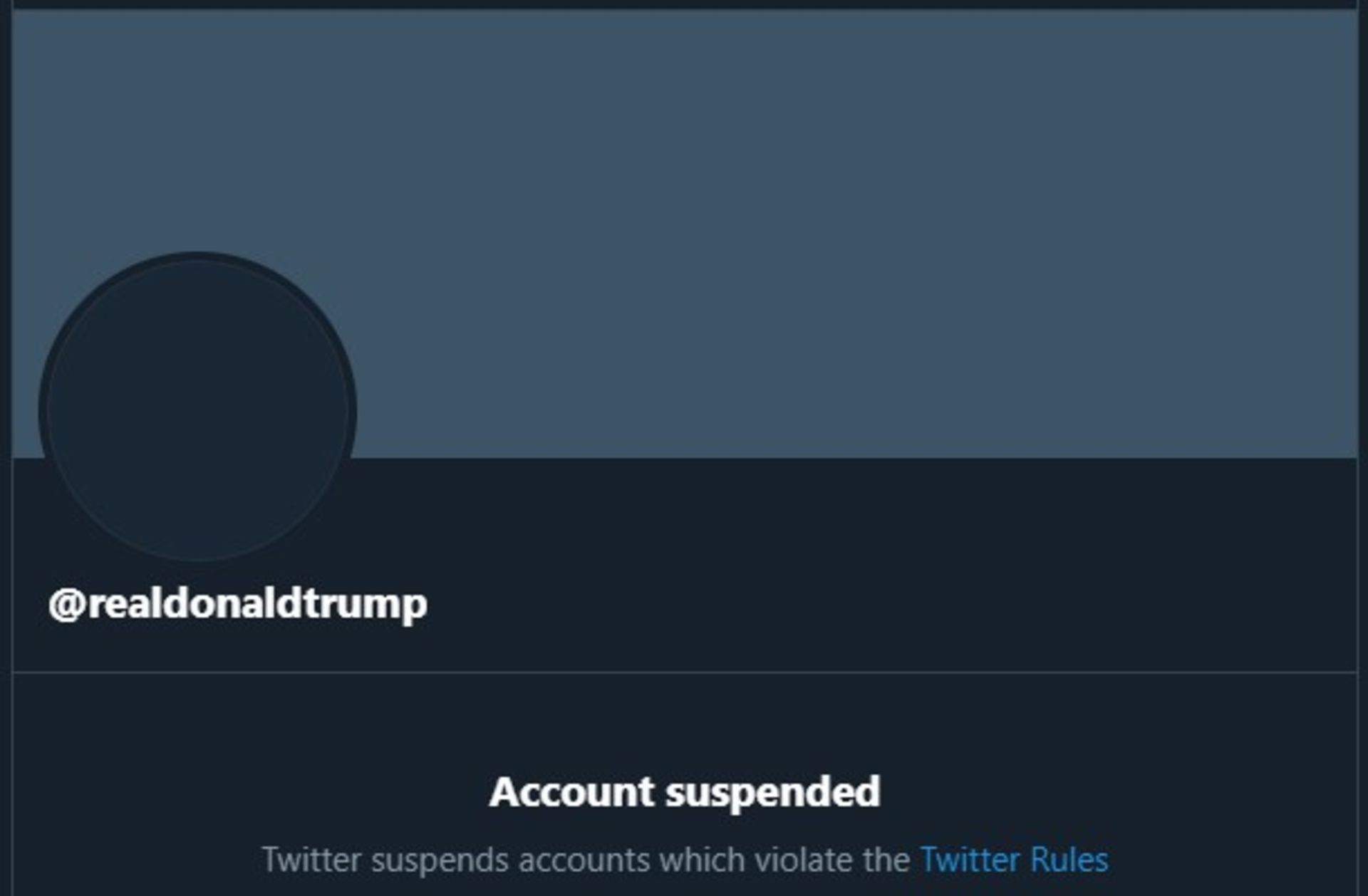 اسکرین شات حساب توییتر دونالد ترامپ پس از تعلیق دائمی