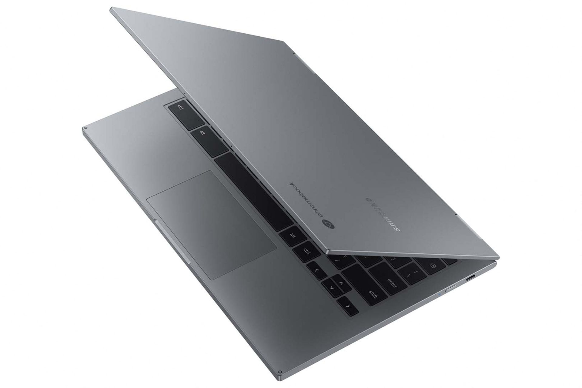 گلکسی کروم بوک ۲ / Galaxy Chromebook 2 سامسونگ از بالا نیمه باز خاکستری