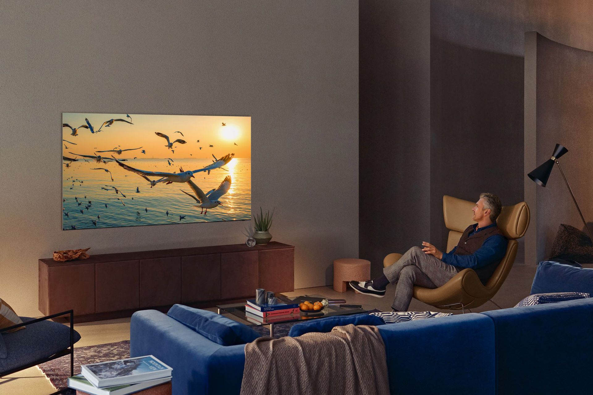 مرجع متخصصين ايران تلويزيون Neo QLED 2021 سامسونگ در اتاق درحال نمايش پرندگان يك مرد روي مبل