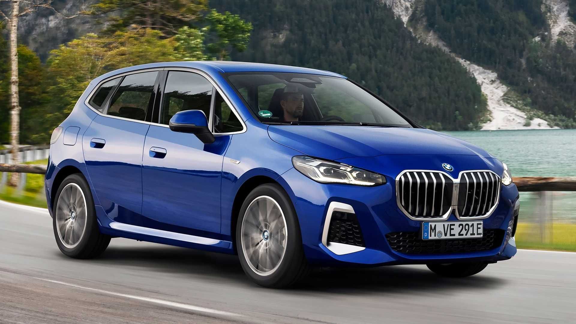 نمای سه چهارم بی ام و سری 2 اکتیو تورر پلاگین هیبرید / 2022 BMW 2 Series Active Tourer آبی رنگ در جاده