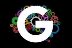 لوگو گوگل در پس‌زمینه مشکی و تعداد زیادی چرخ‌دنده رنگی