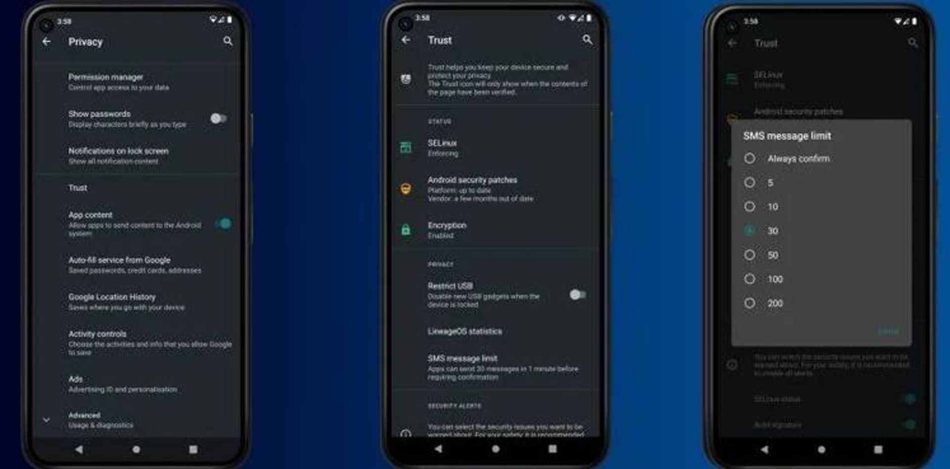 حریم شخصی در lineage os