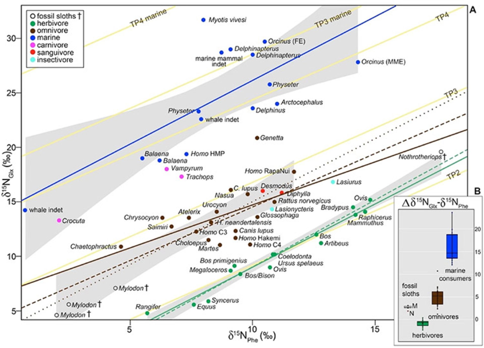 نمودار نسبت ایزوتوپ های نیتروژن و رژیم غذایی جانوران