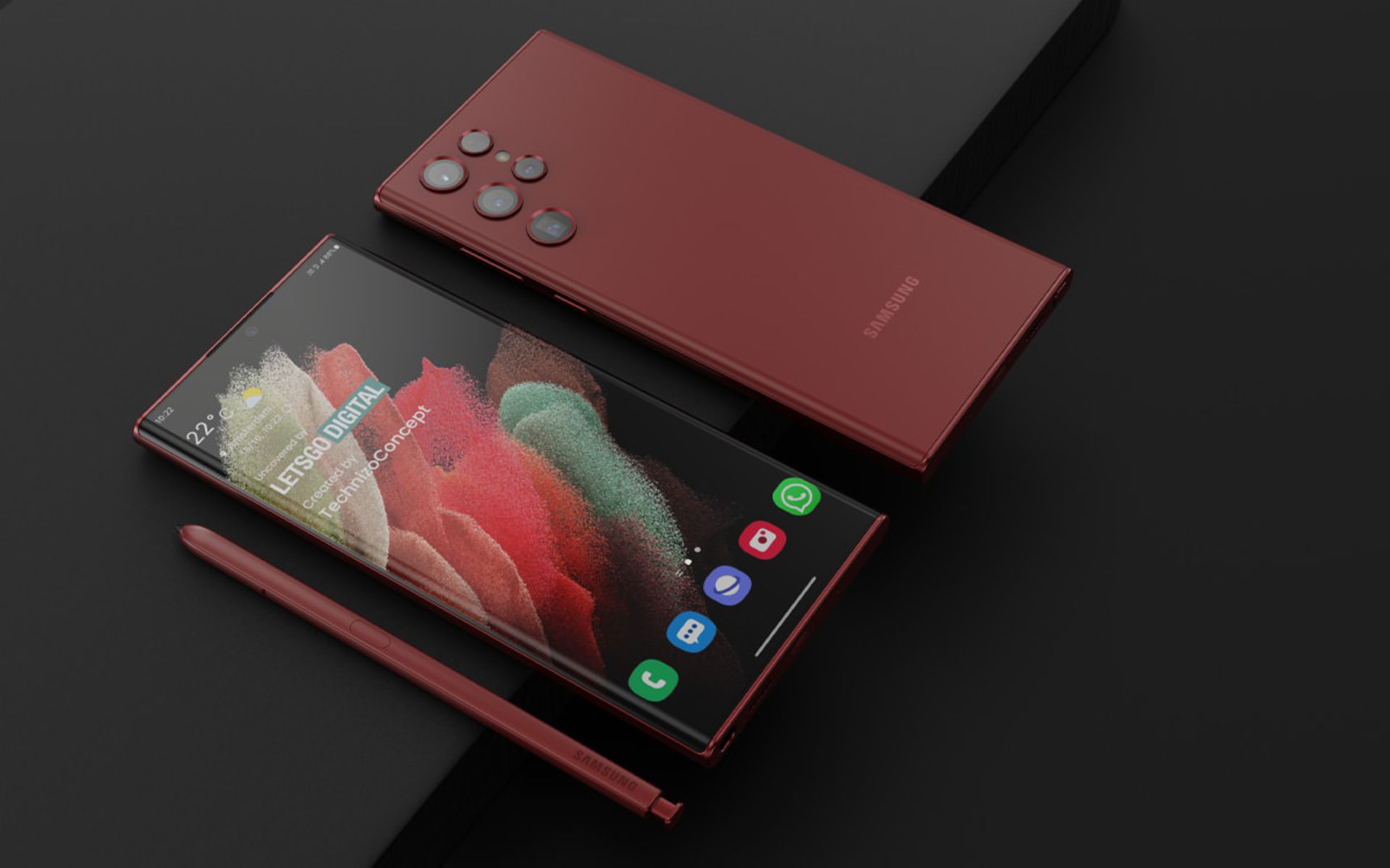 رنگ قرمز رندر گلکسی اس ۲۲ اولترا با طراحی دوربین جدید