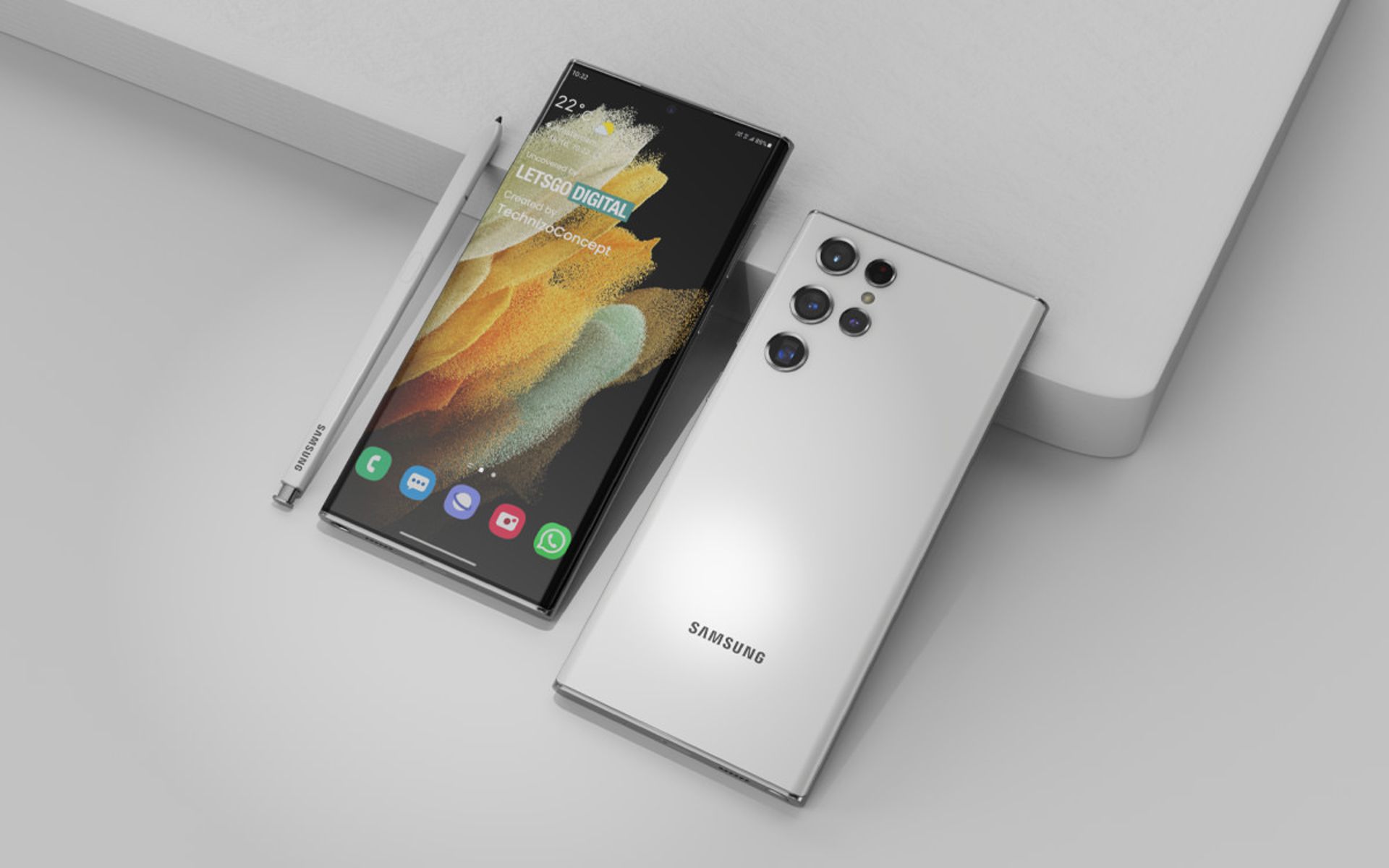 رنگ سفید رندر گلکسی اس ۲۲ اولترا با طراحی دوربین جدید