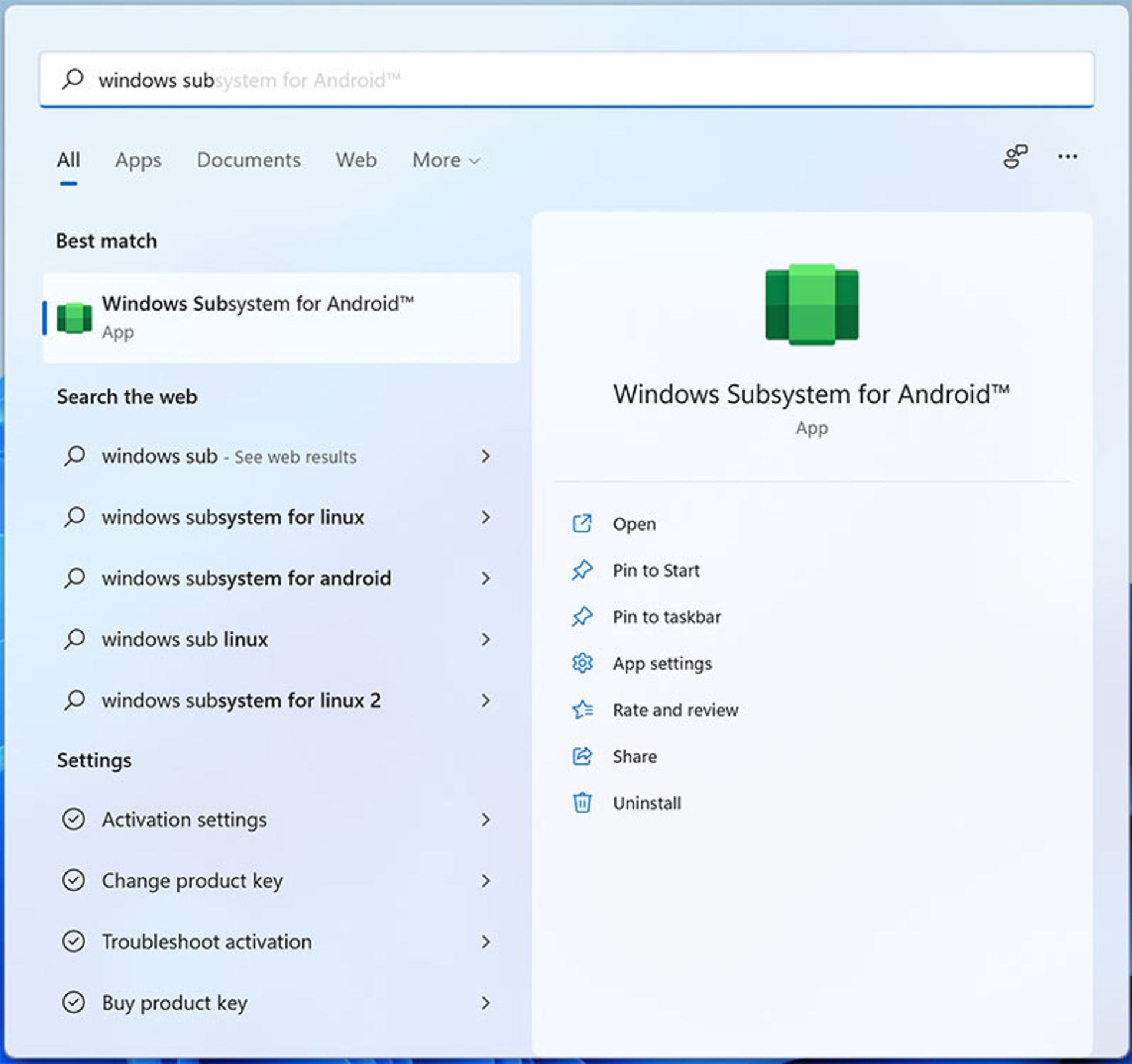 نتیجه جستجوی عبارت windows subsystem for android در جستجوی ویندوز ۱۱