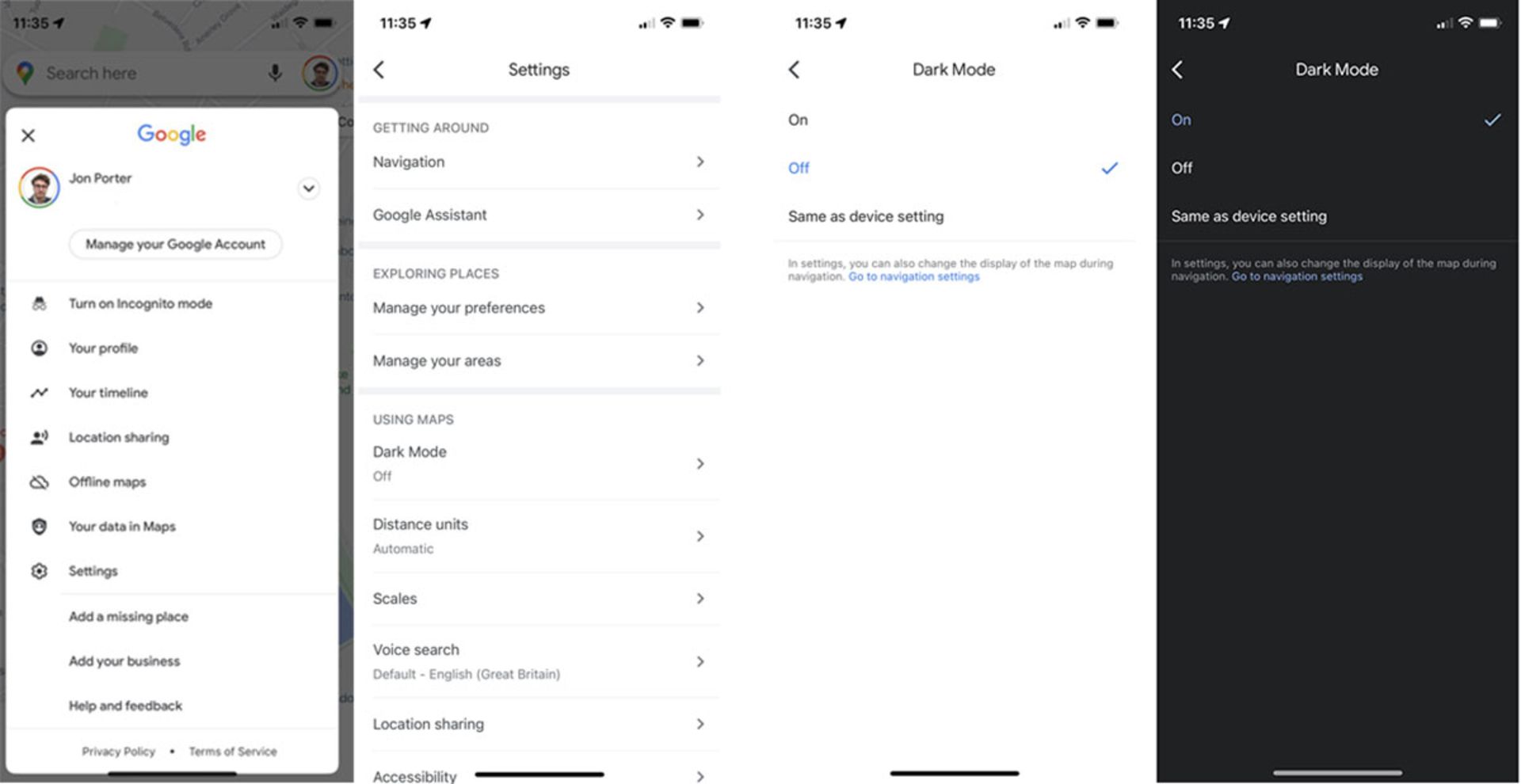 حالت تاریک گوگل مپس iOS