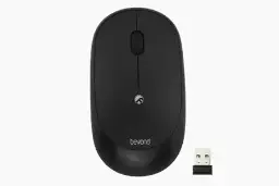 ماوس بی سیم بیاند BM-185RF رنگ مشکی از نمای بالا در کنار دانگل USB