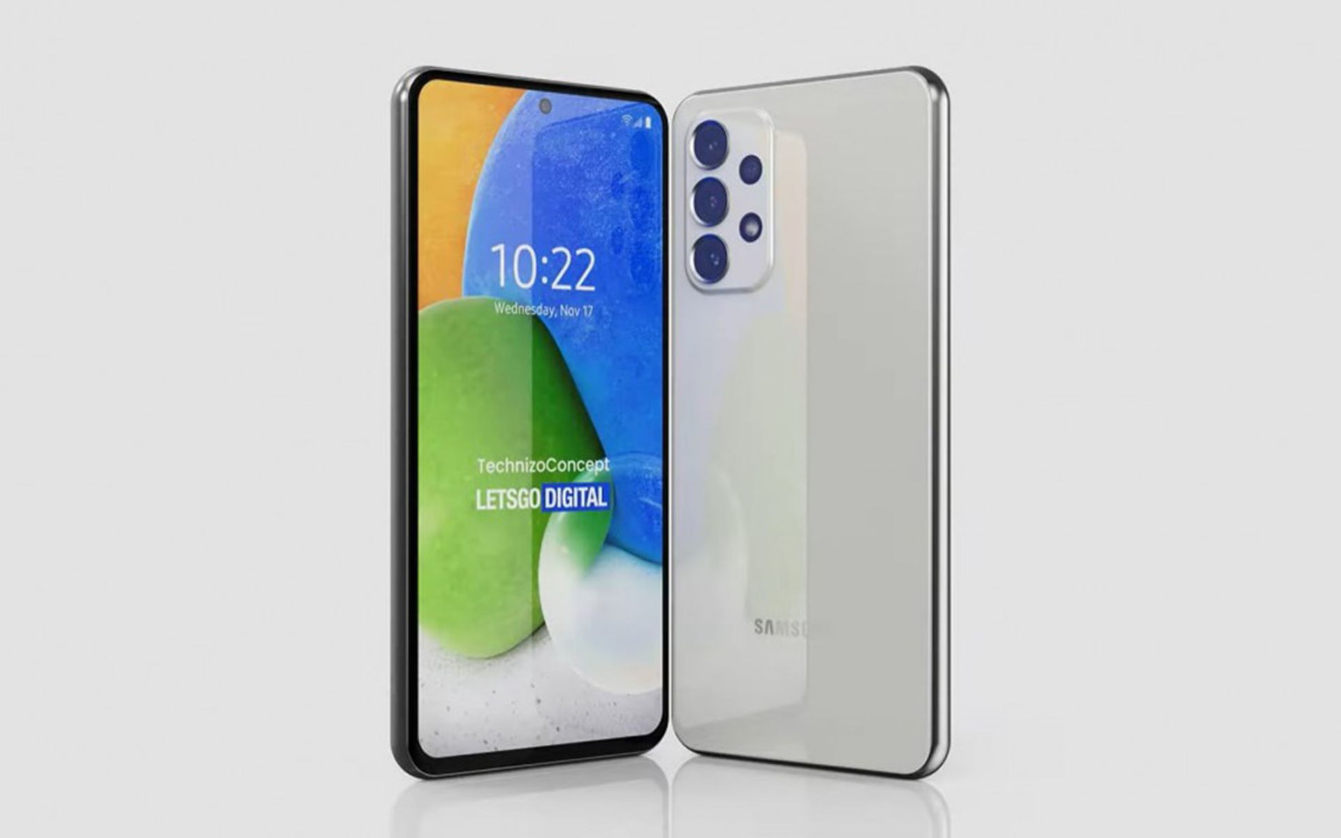 رندر گلکسی A73 5G‌ از نمای جلو وعقب
