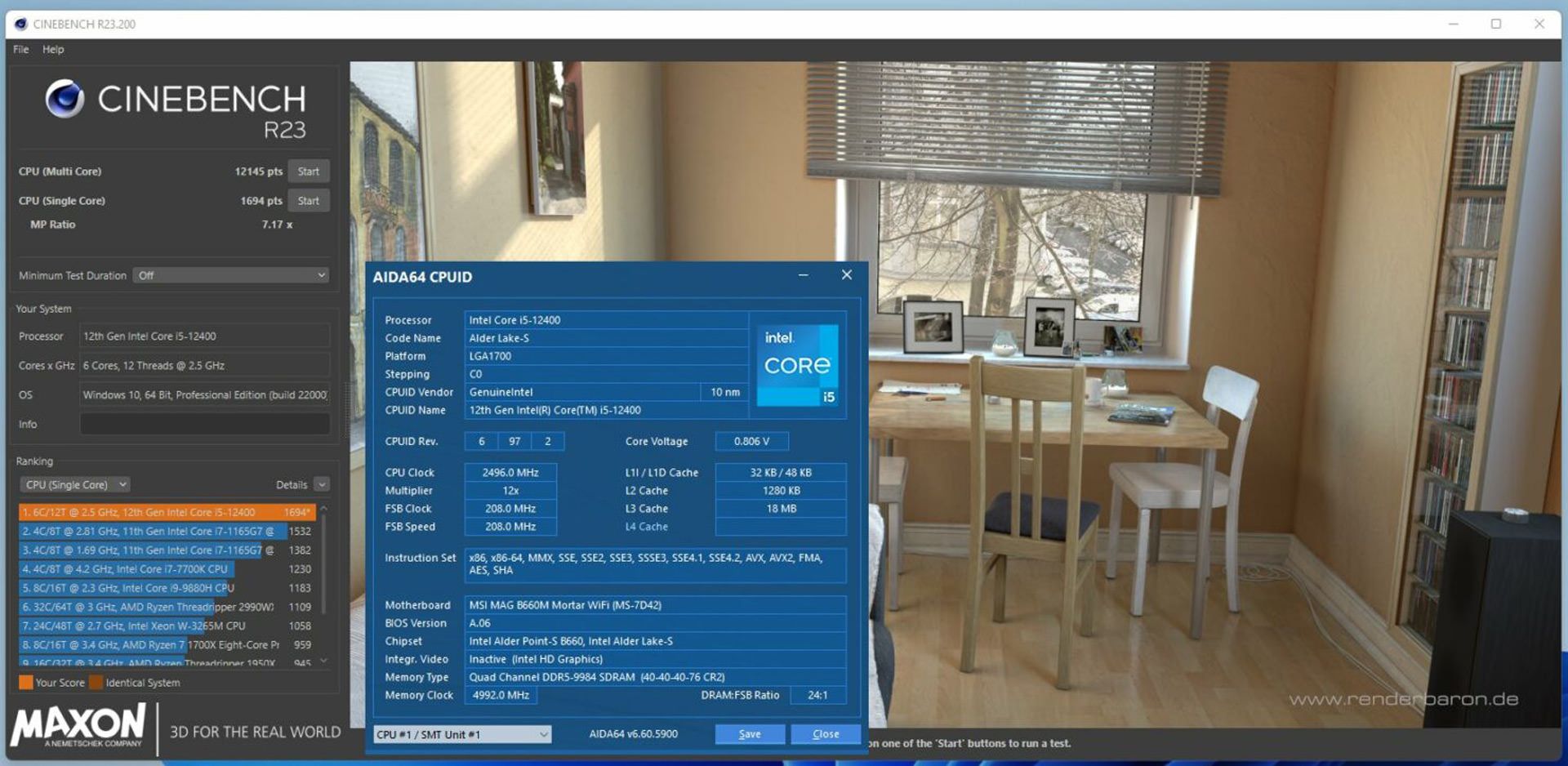 مشخصات و بنچمارک Cinebench R23 پردازنده Core i5 12400 در برابر پردازنده های دیگر