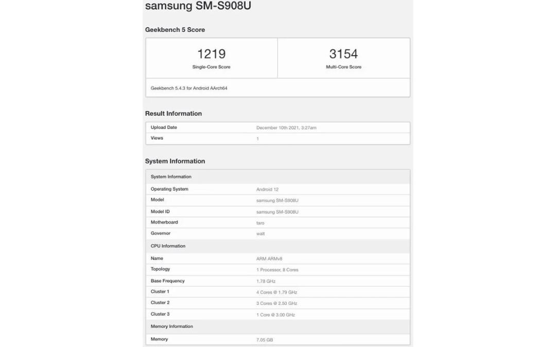 گلکسی اس ۲۲ اولترا با شماره‌مدل sm-s908u در گیک‌بنچ
