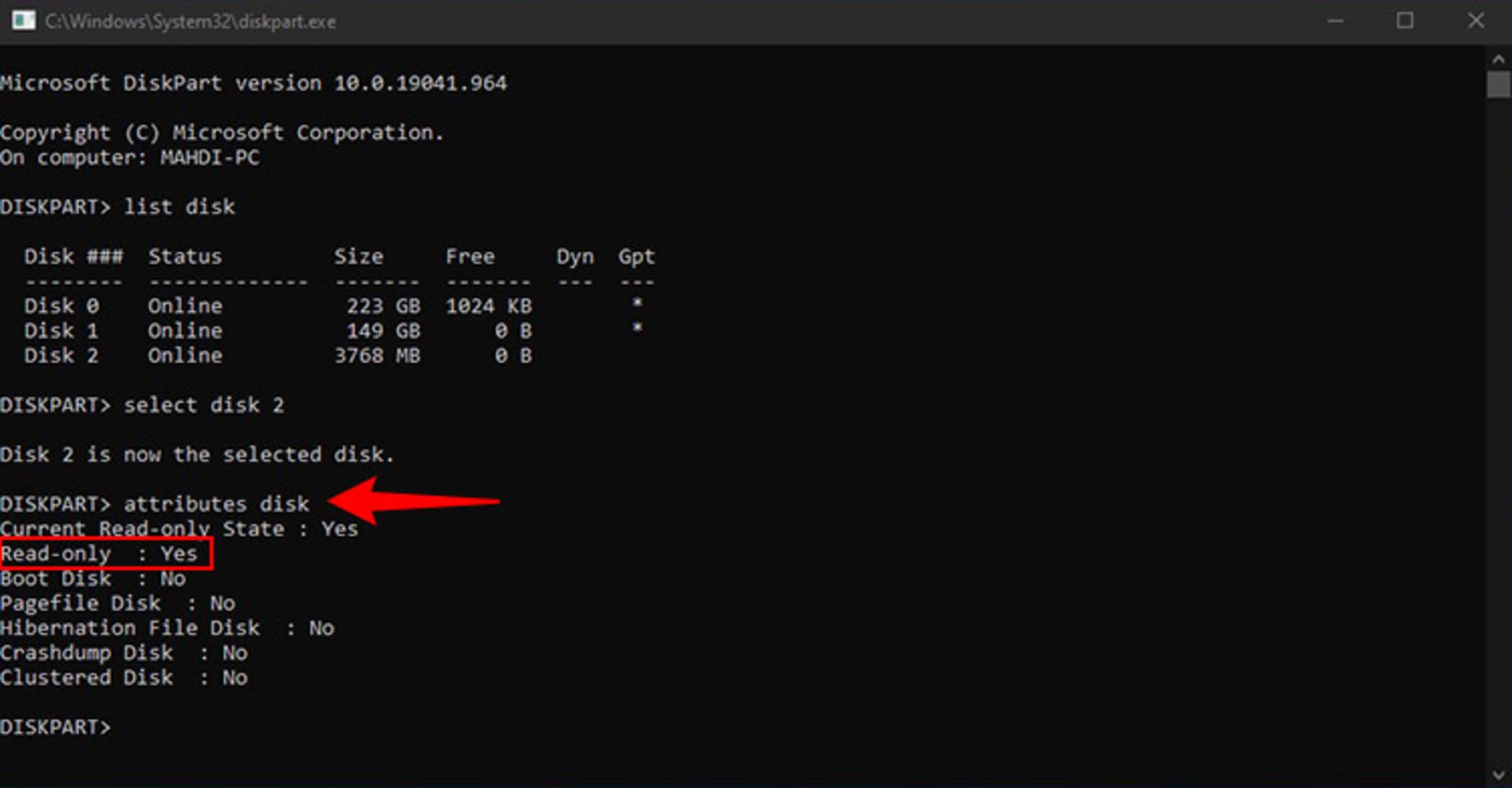 دستور attributes disk