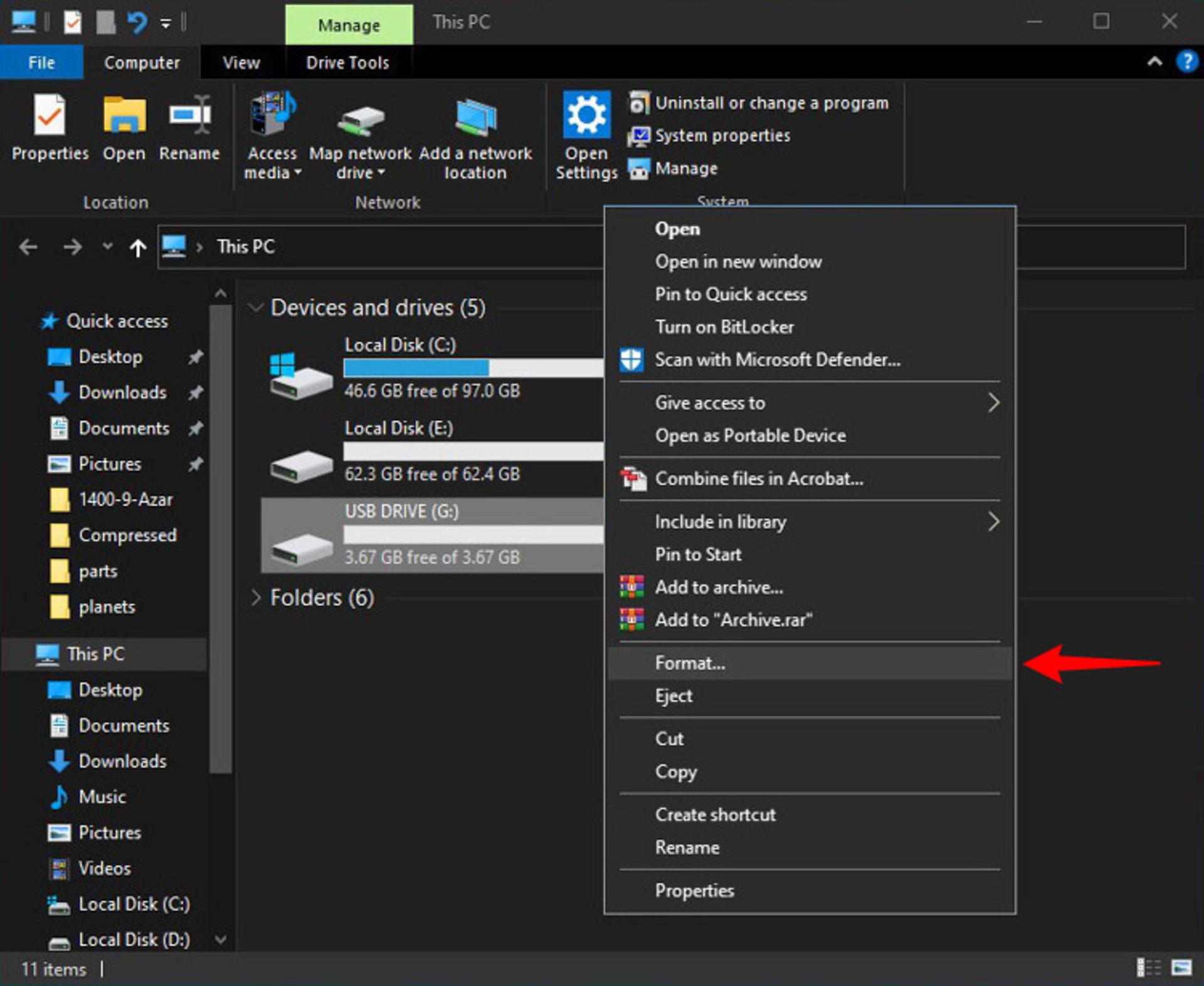 انتخاب فرمت از کلیک راست