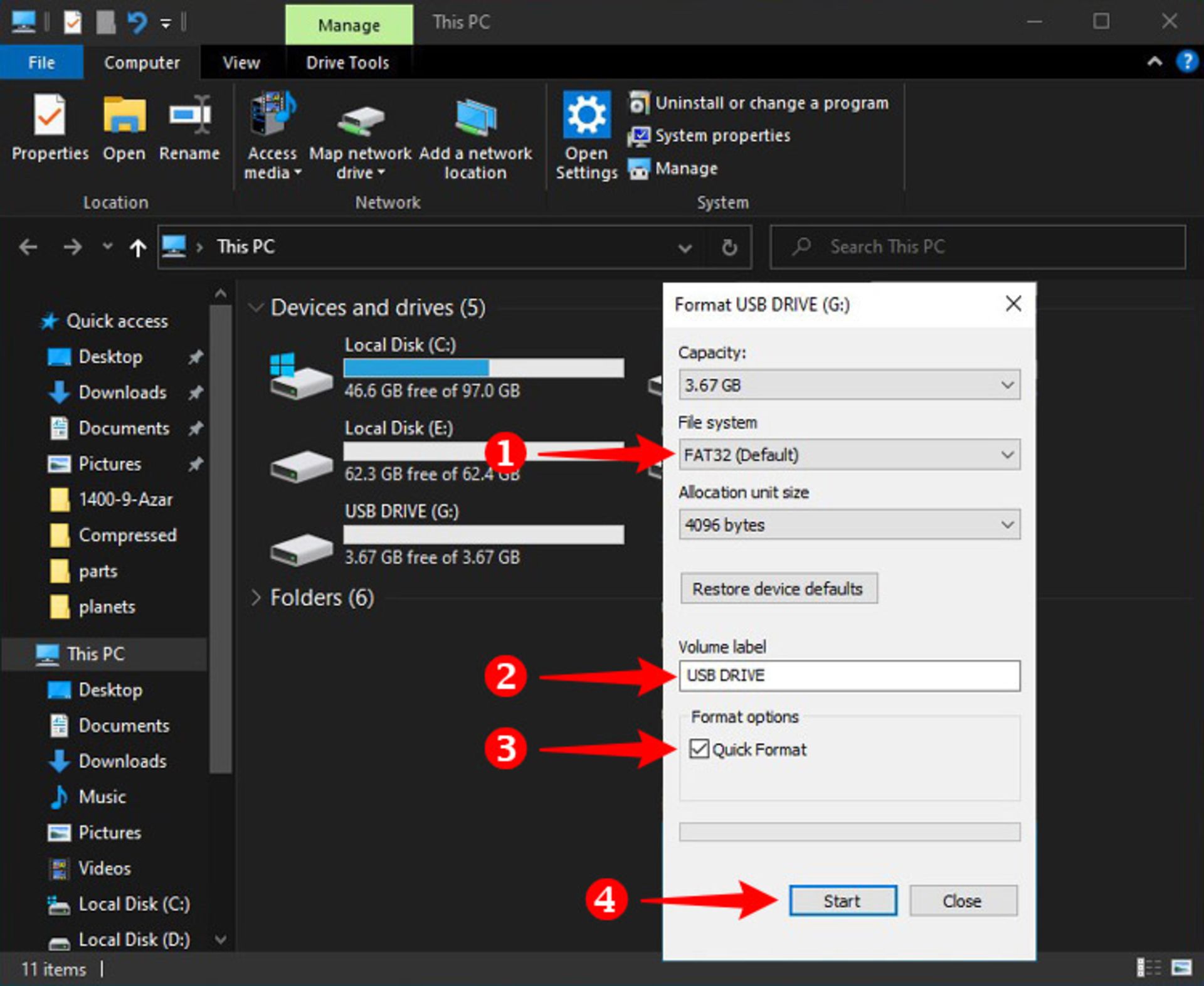 تنظیمات پنجره فرمت