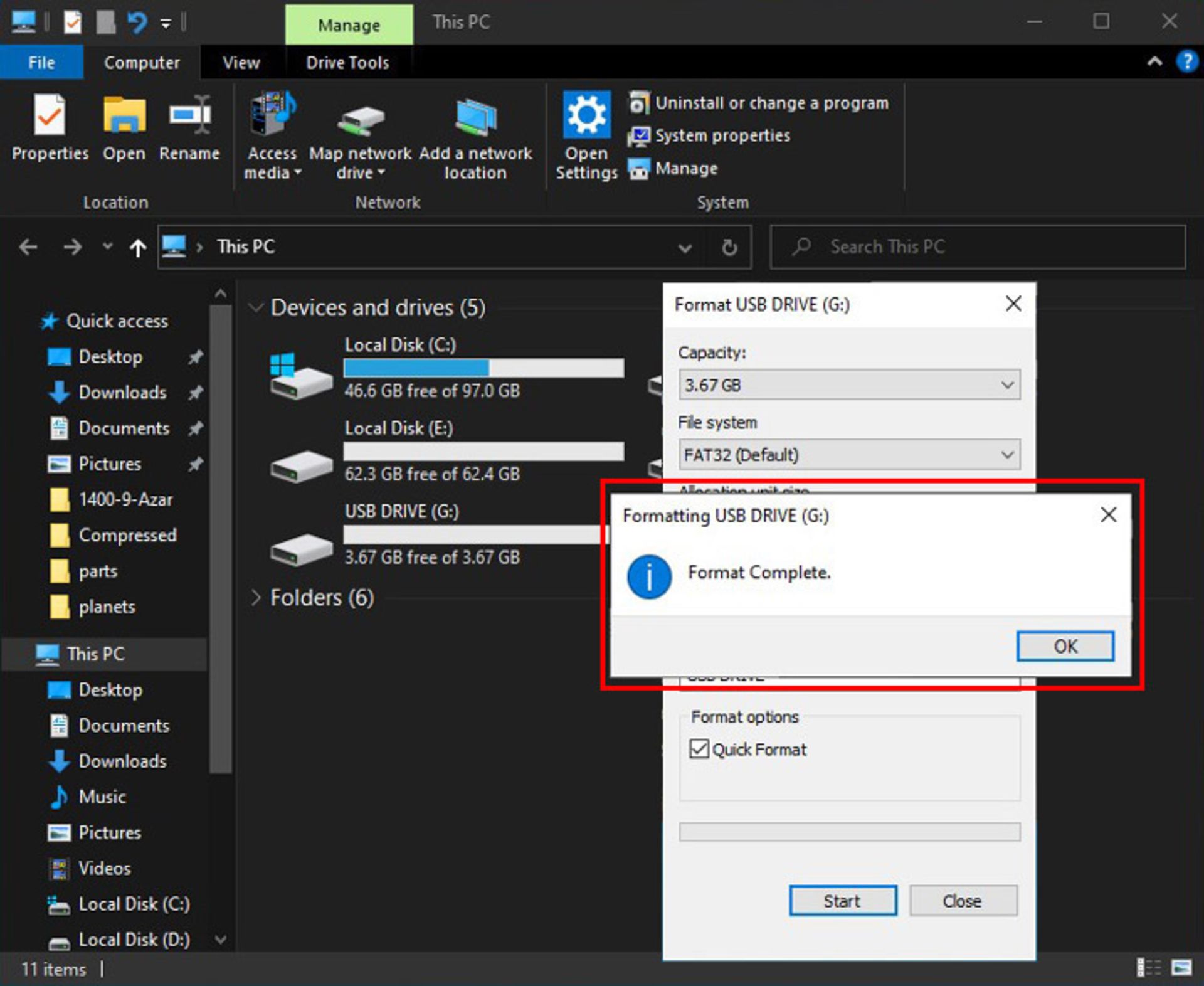 پیغام تکمیل فرمت
