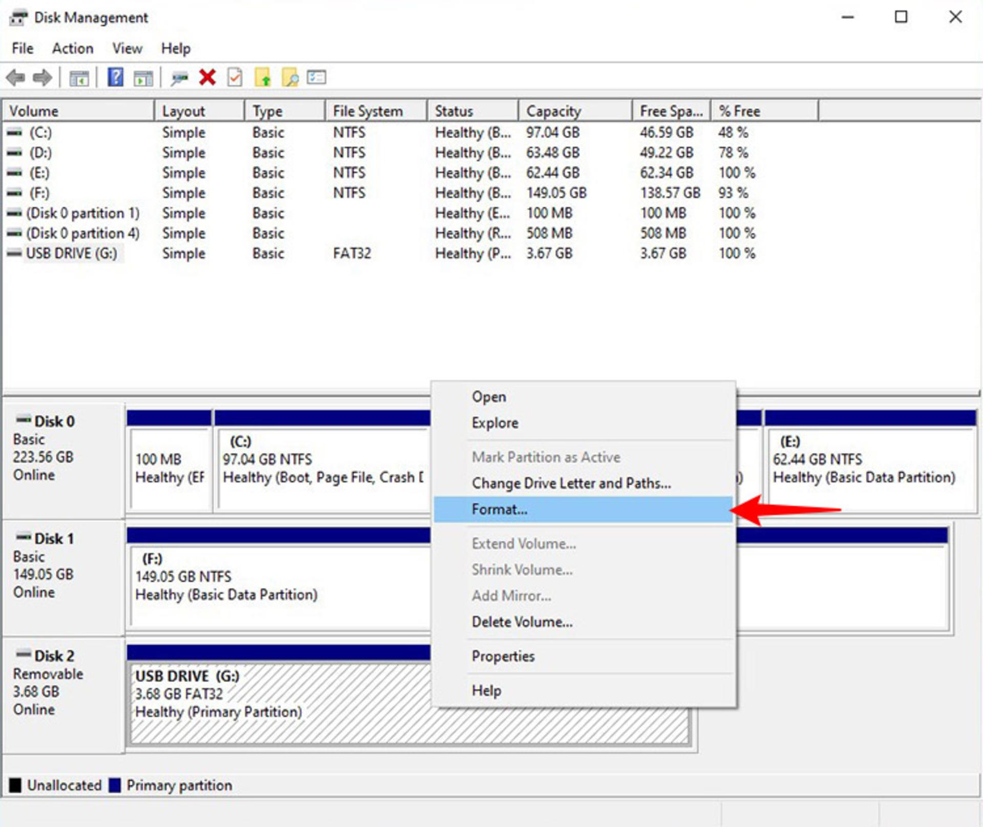 انتخاب فرمت از disk managment