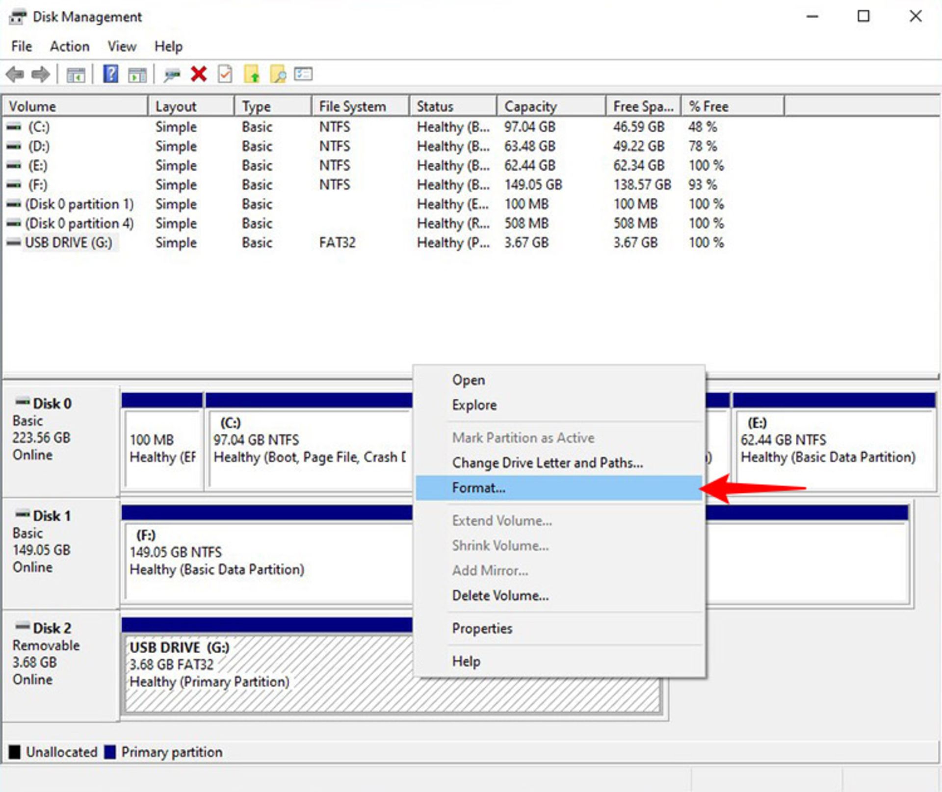 انتخاب فرمت از disk managment