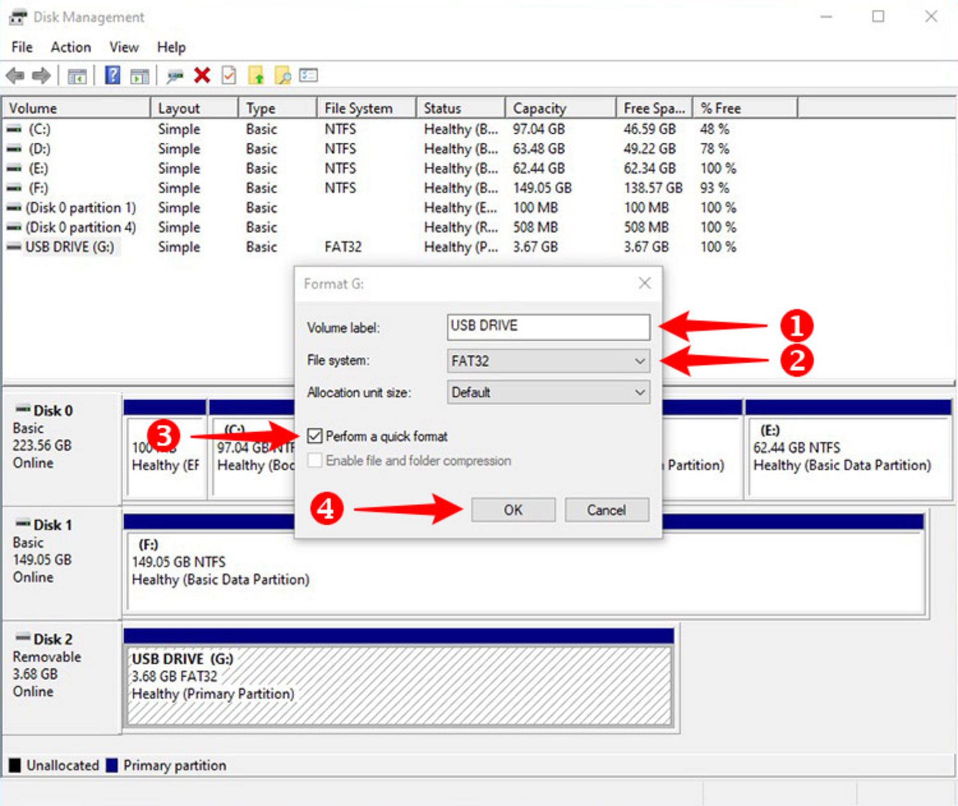 تنظیمات فرمت disk managment