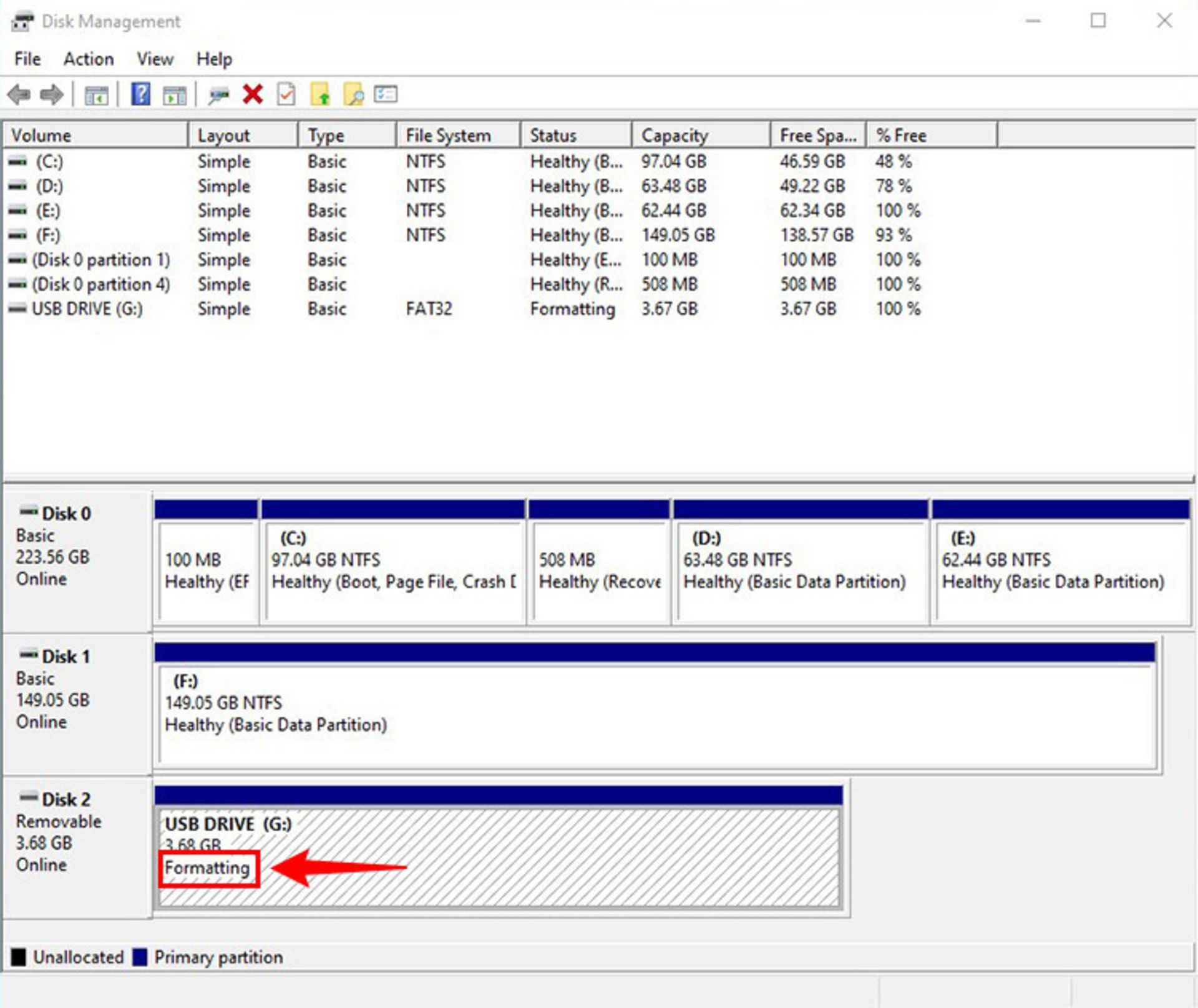 تکمیل فرمت disk managment