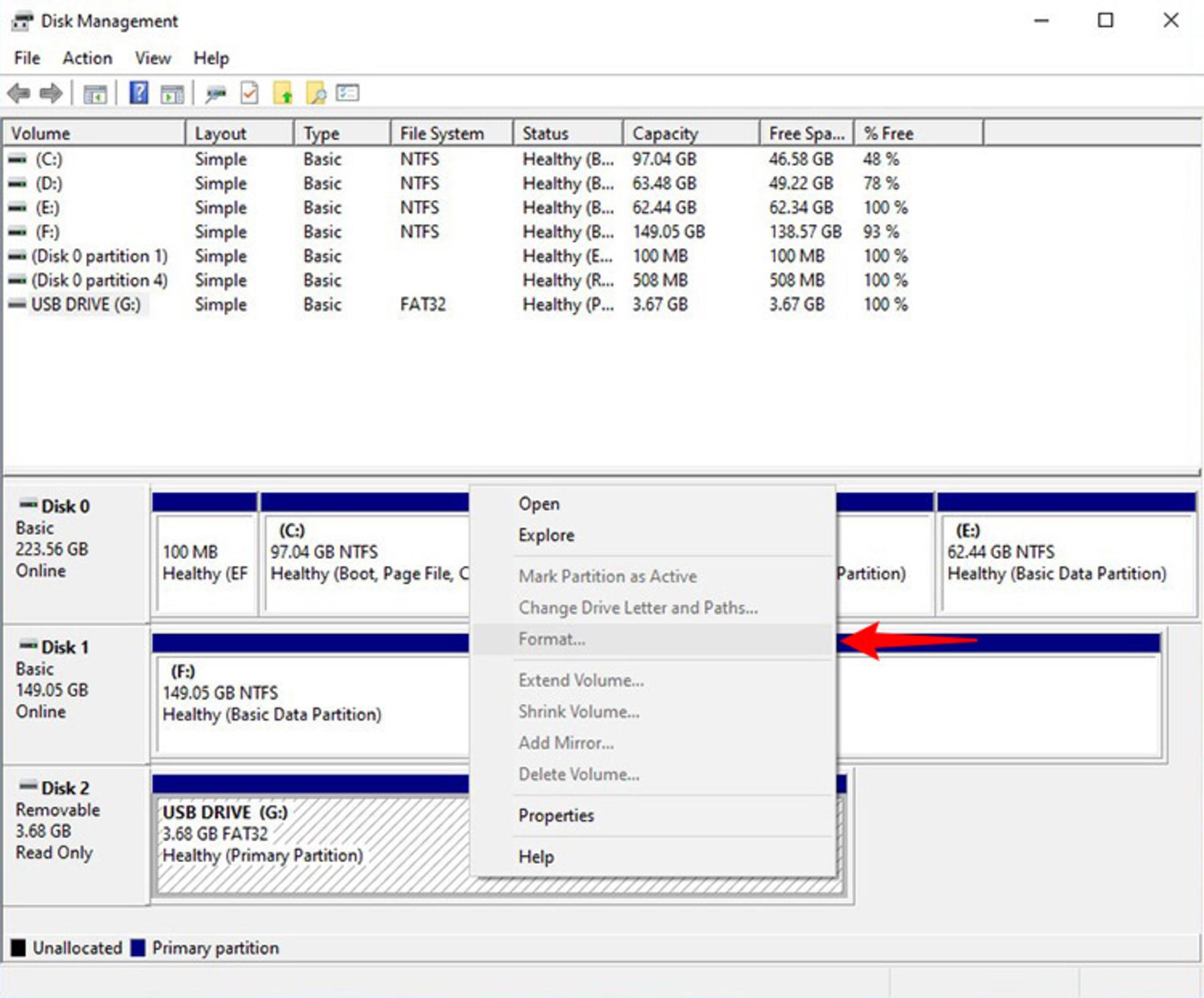 غیرفعال بودن فرمت disk managment