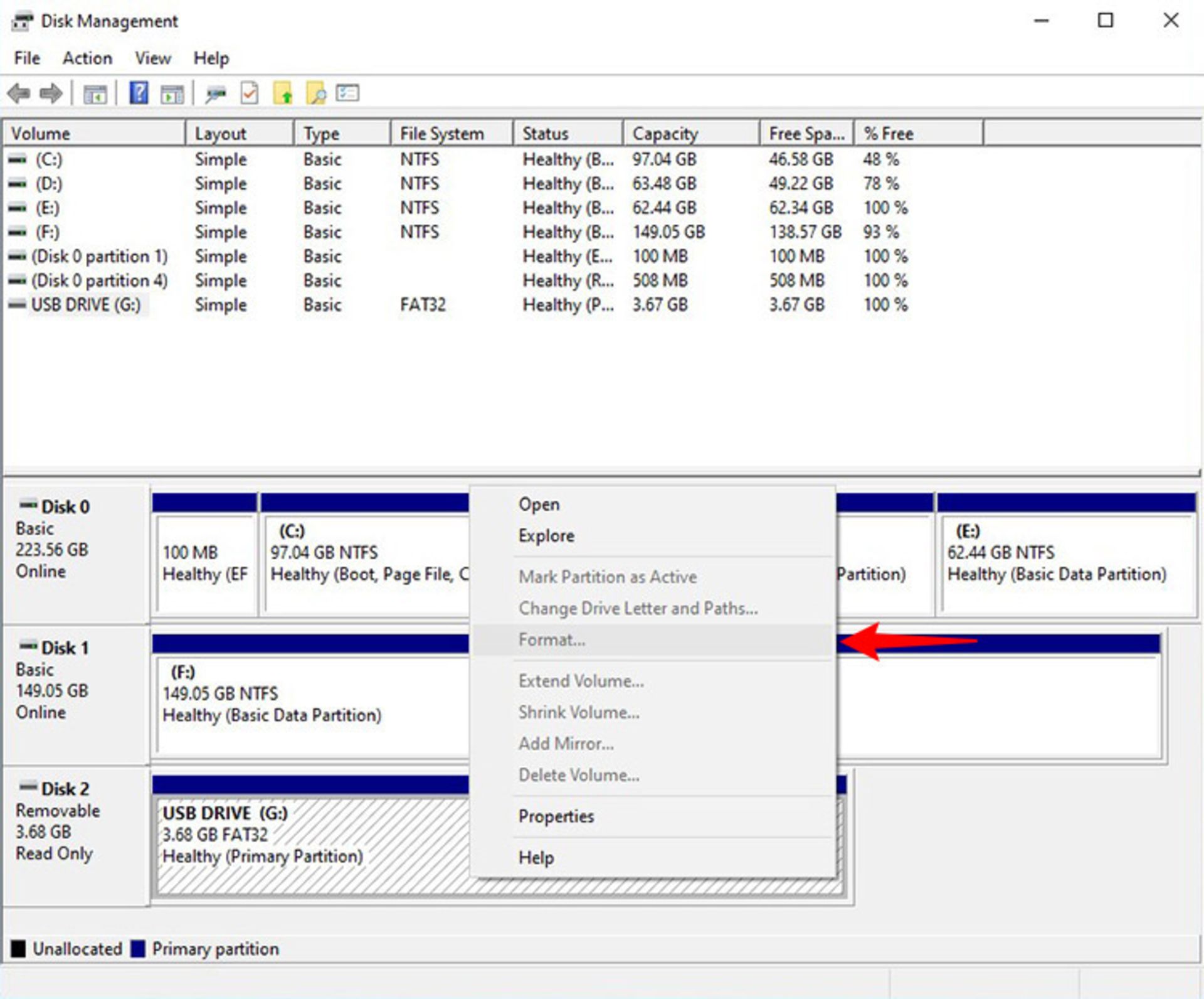 غیرفعال بودن فرمت disk managment
