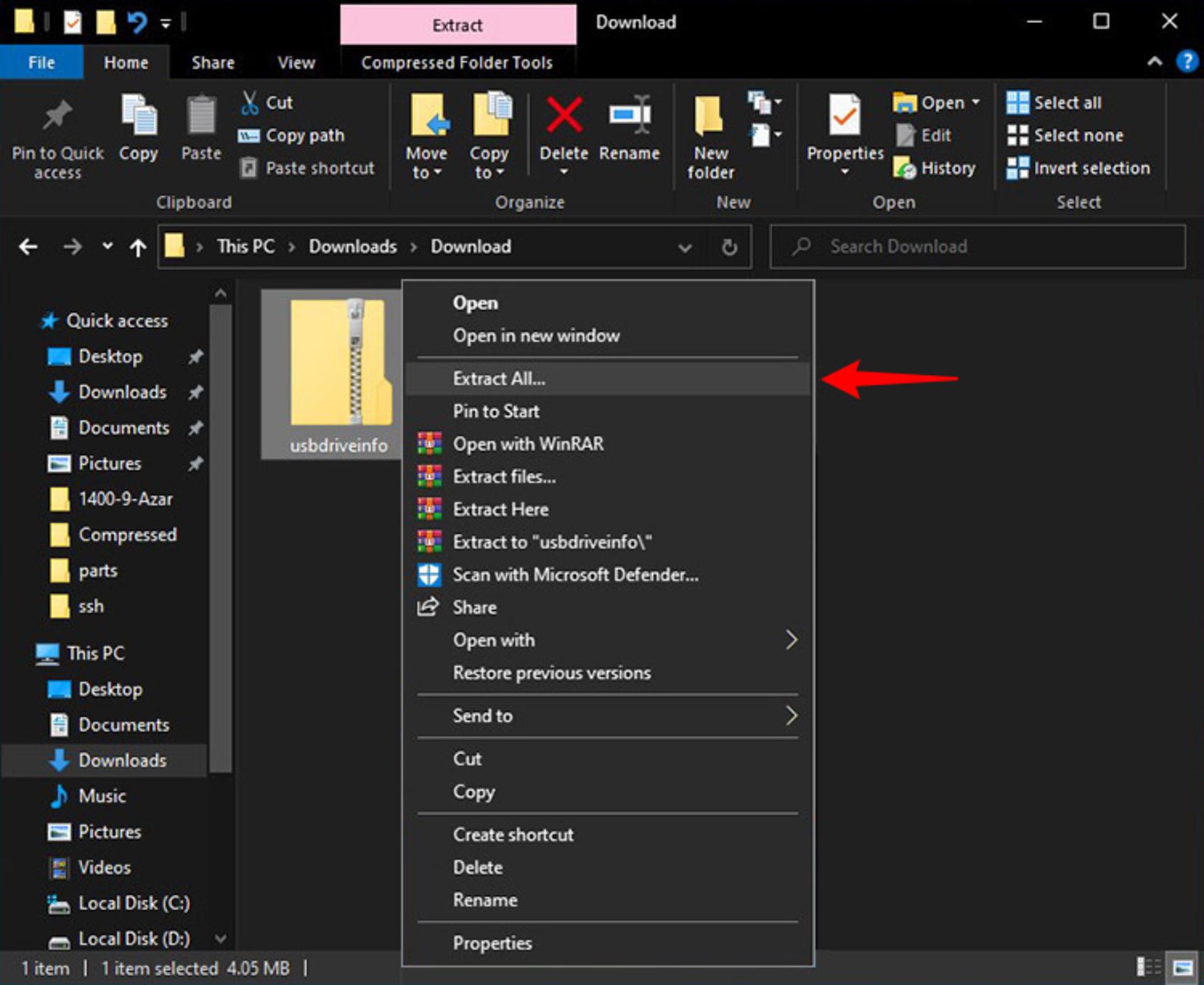 انتخاب extract all از راست کلیک فایل usbinfo