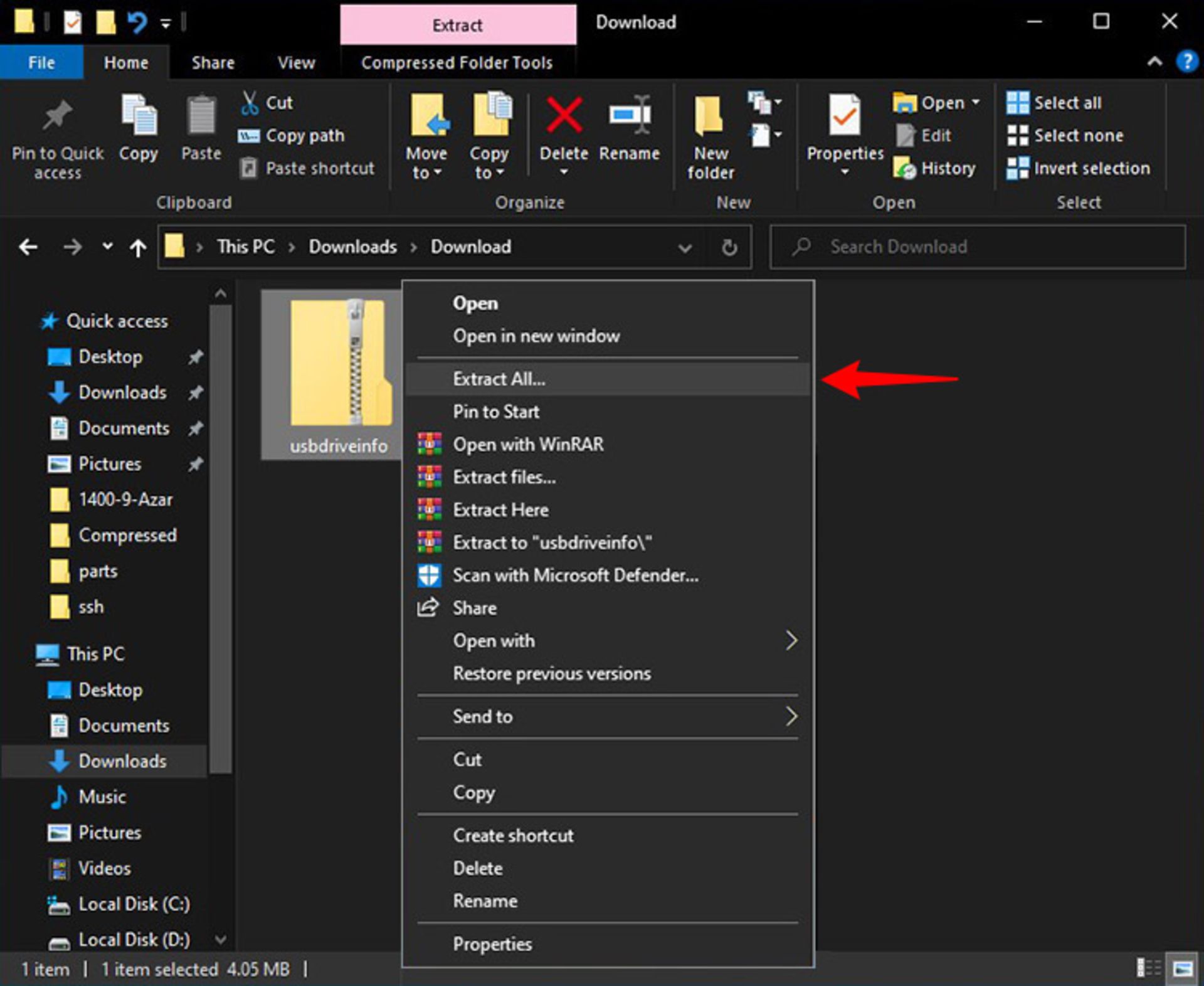 انتخاب extract all از راست کلیک فایل usbinfo