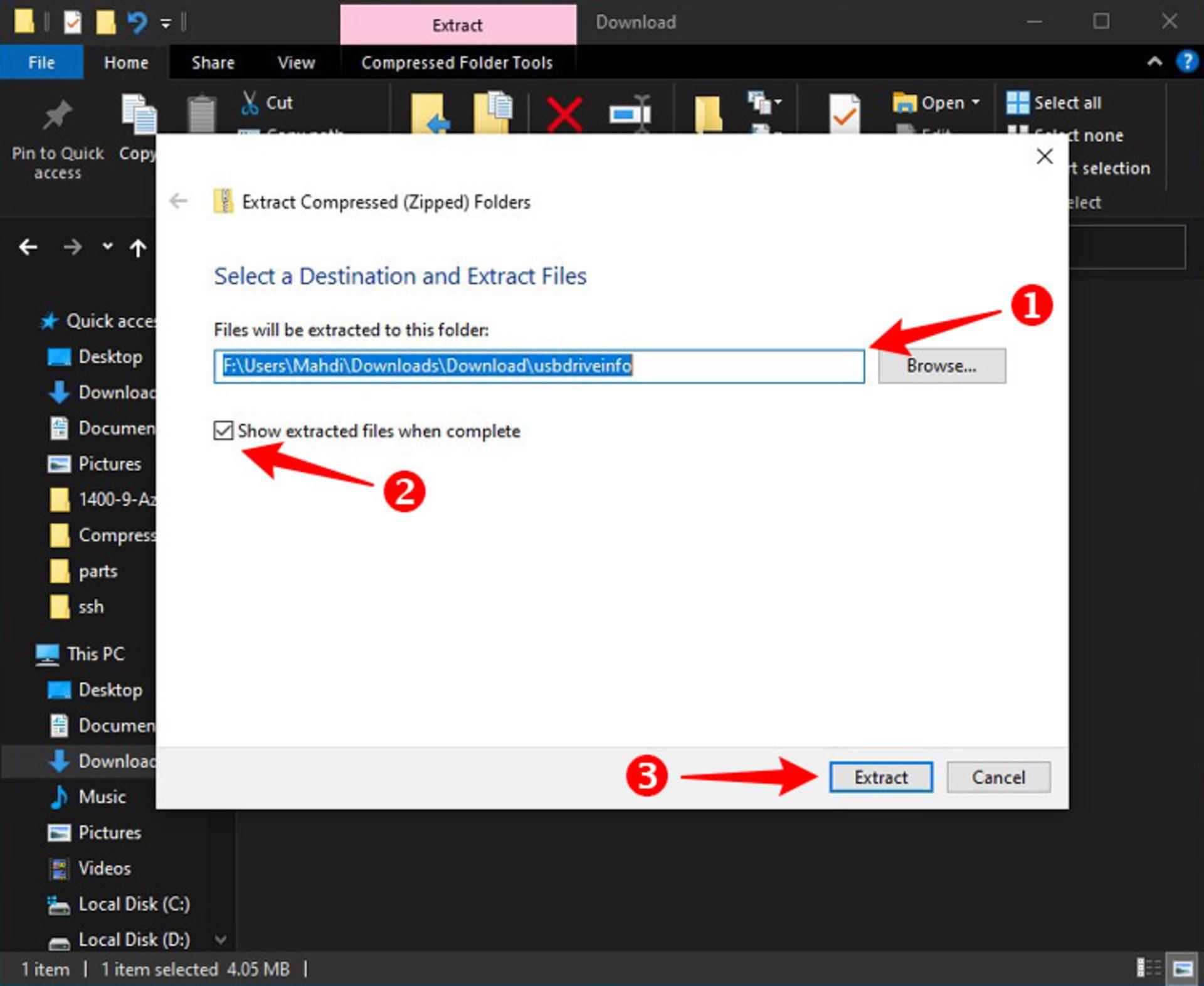 پنجره extract فایل usbinfo