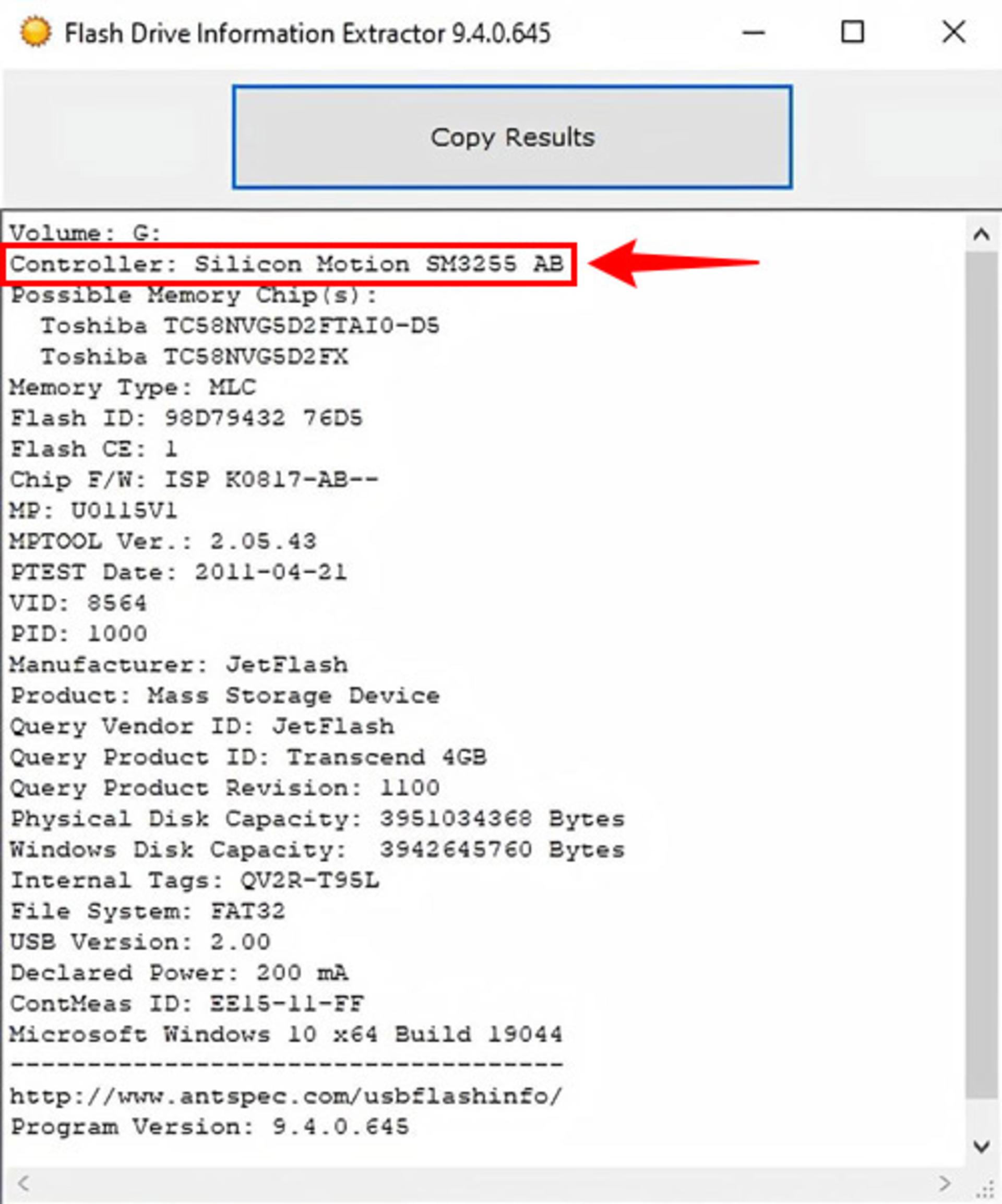 نمایش اطلاعات در flash drive information extractor