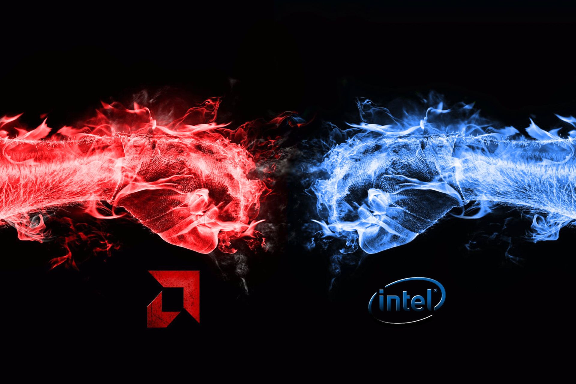 مشت اینتل / Intel و ای ام دی / AMD طرح گرافیکی رنگ قرمز و آبی پس زمینه مشکی