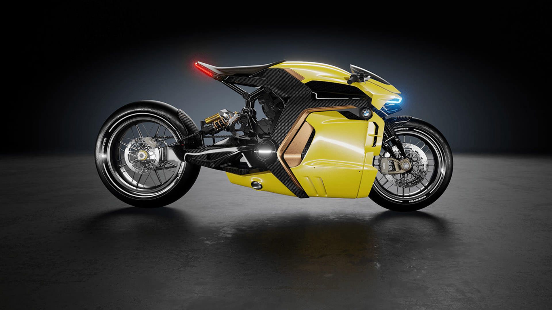 نمای جانبی رندر مفهومی از موتورسیکلت بی ام و / BMW Concept Motorcycle زرد رنگ