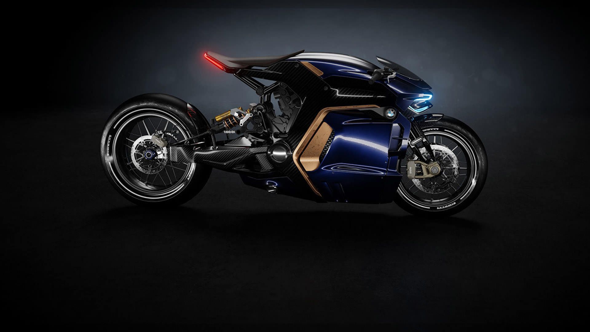 نمای جانبی رندر مفهومی از موتورسیکلت بی‌ام‌و / BMW Concept Motorcycle ‌آبی رنگ