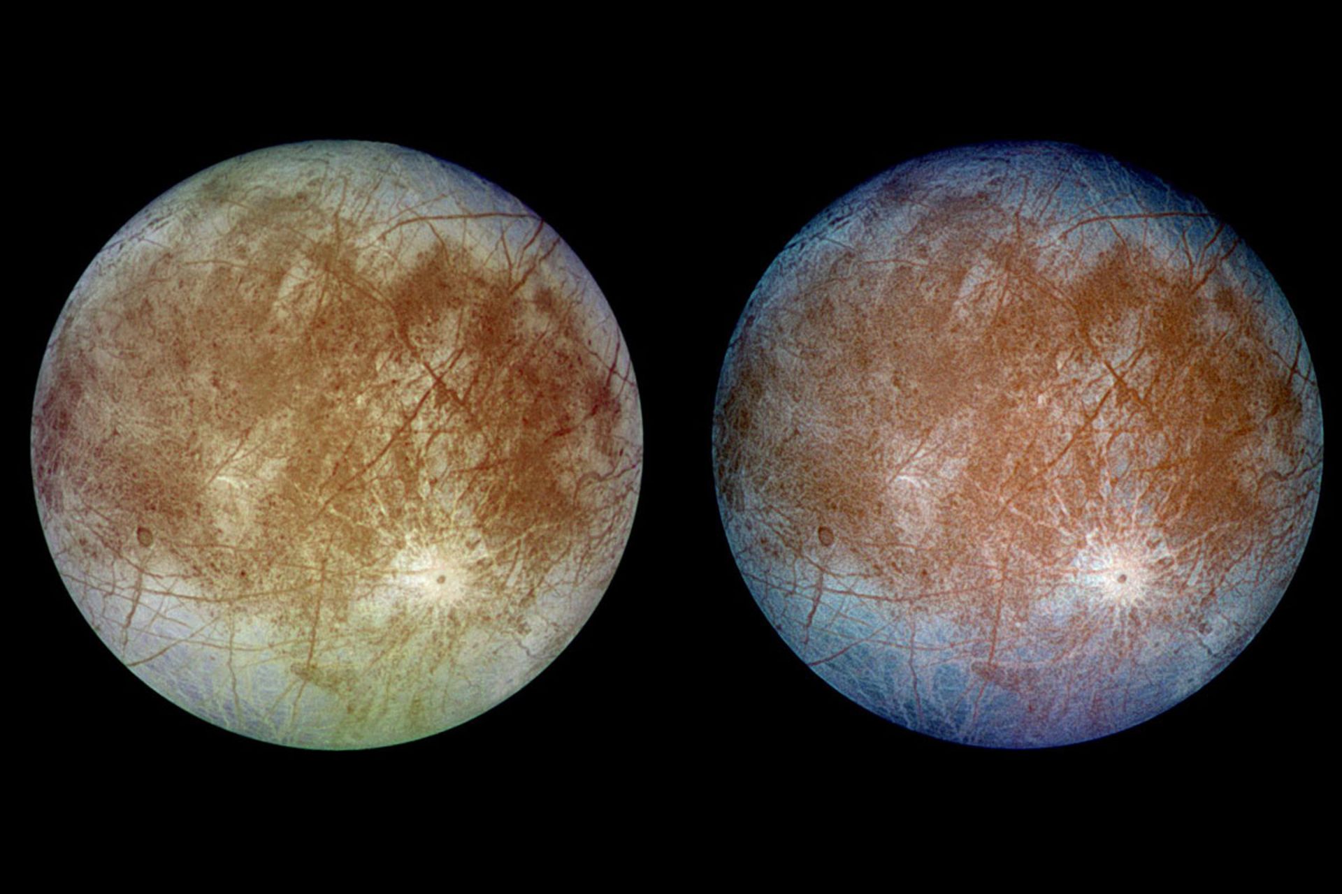 تصویر رنگی طبیعی (سمت چپ) در مقابل تصویر رنگی کاذب (سمت راست)قمر اروپا