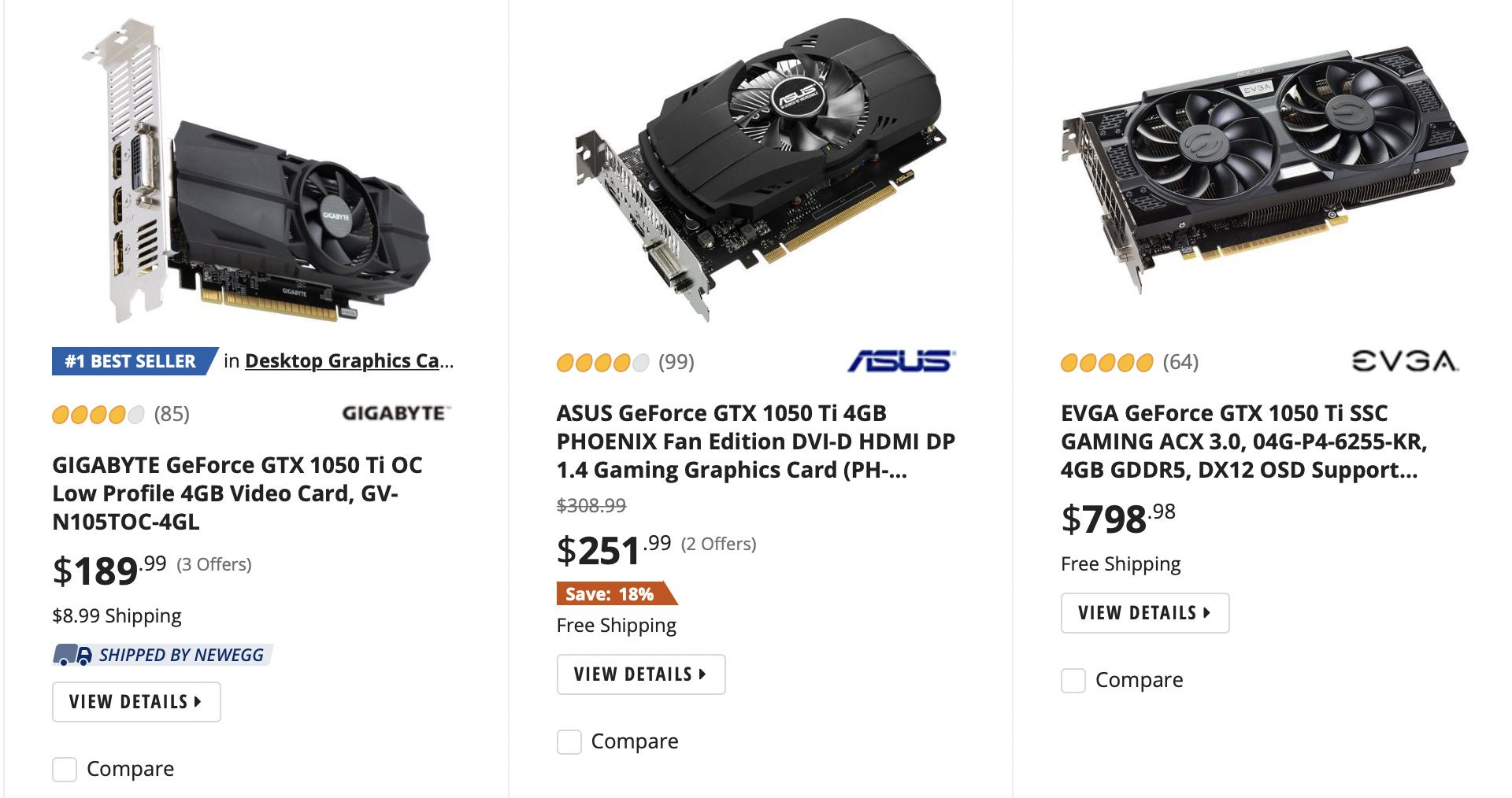 صفحه فروش کارت گرافیک GTX 1050 Ti در وب سایت Newegg