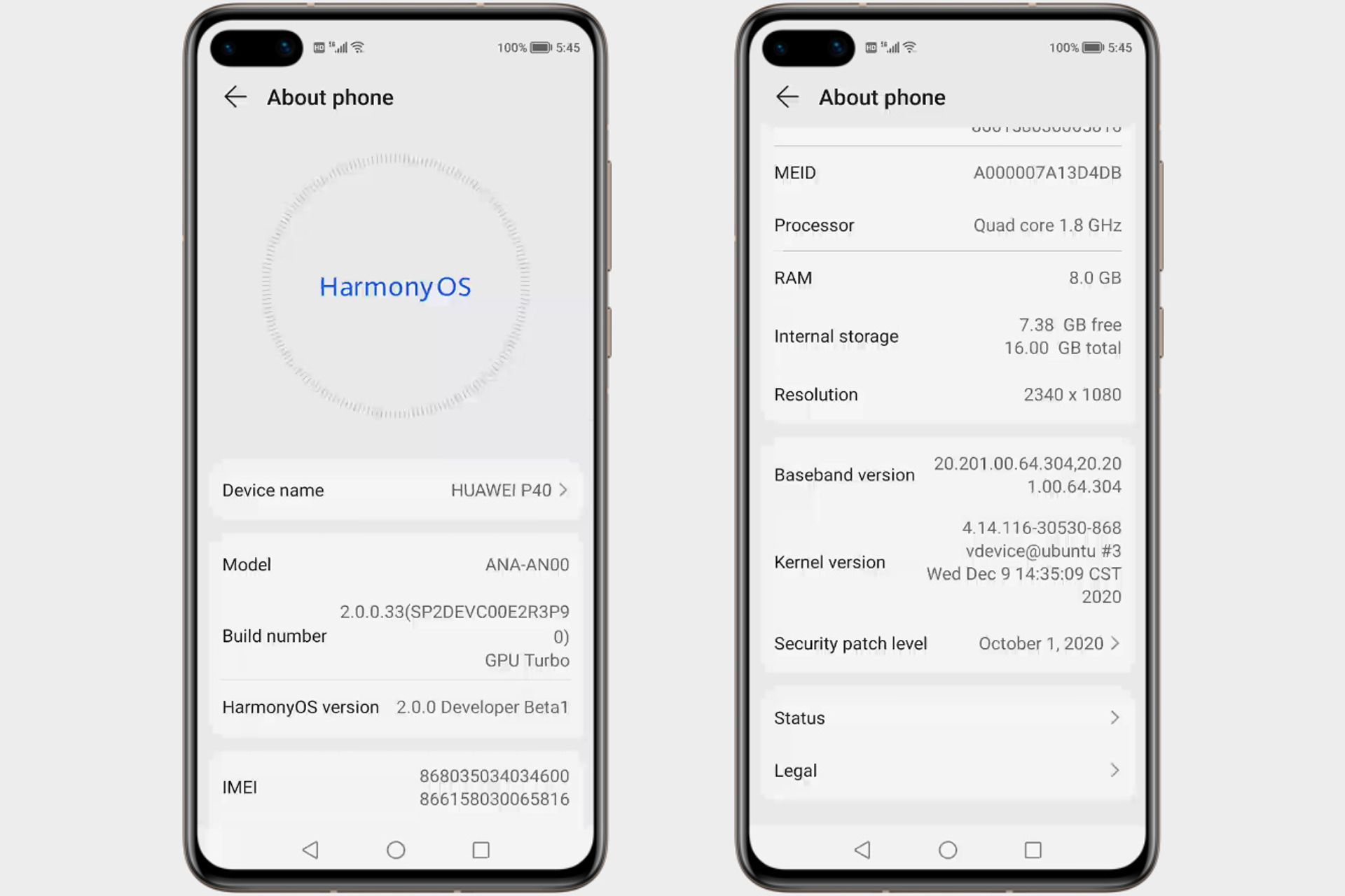 بتای هارمونی او اس / HarmonyOS هواوی صفحه درباره گوشی روی P40
