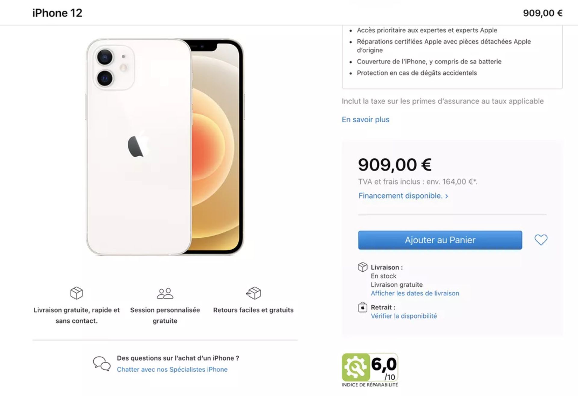 صفحه آیفون 12 سفید در فروشگاه آنلاین اپل فرانسه با امتیاز تعمیرپذیری