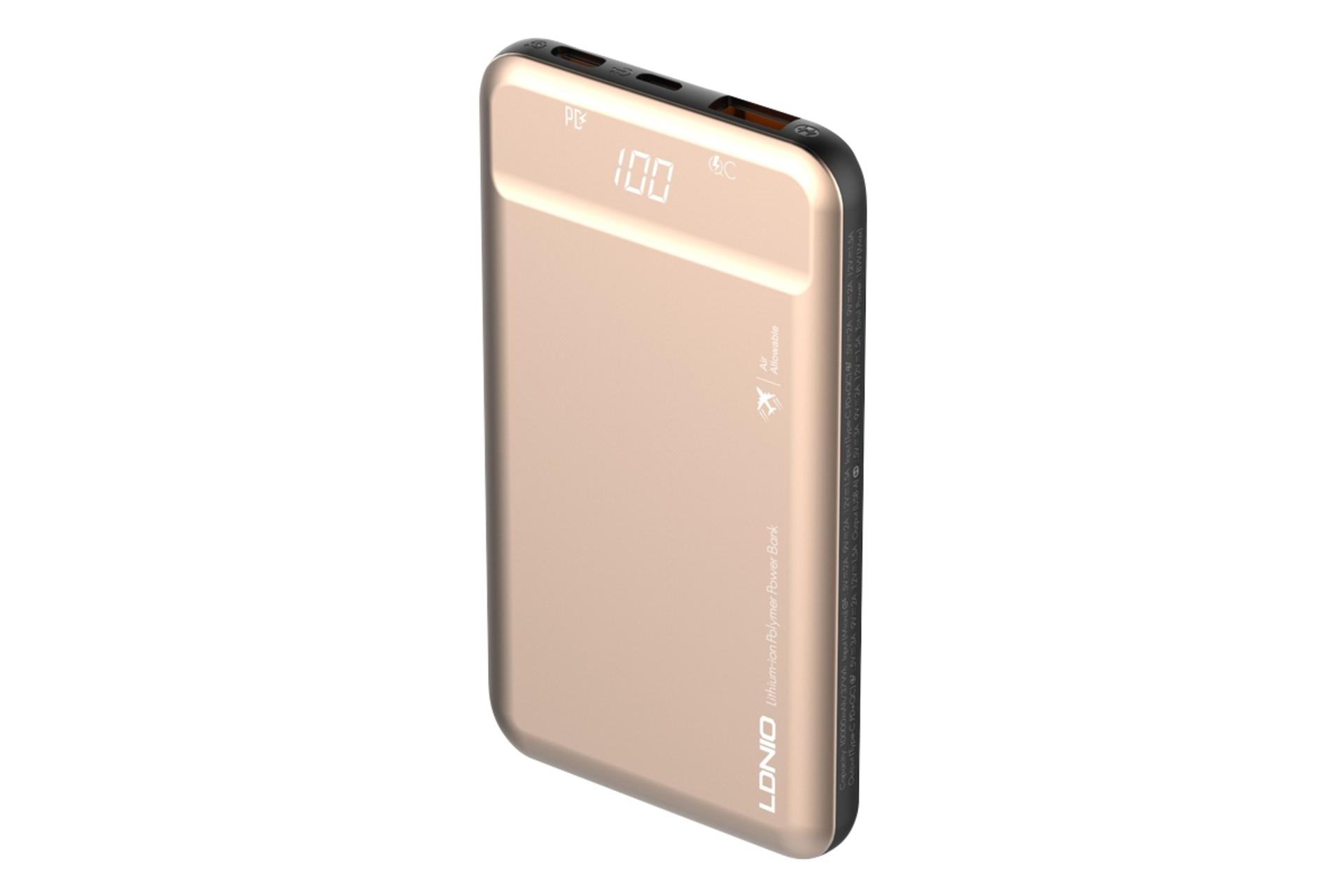 پاور بانک الدینیو LDNIO PQ1015 10000mAh با ظرفیت 10000 میلی‌آمپر ساعت طلایی