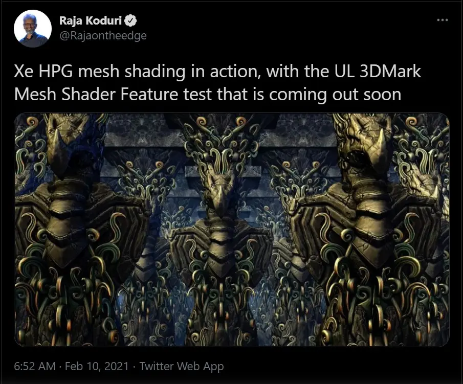 توییت راجا کودوری با محوریت قابلیت Mesh Shader گرافیک Intel Xe HPG 