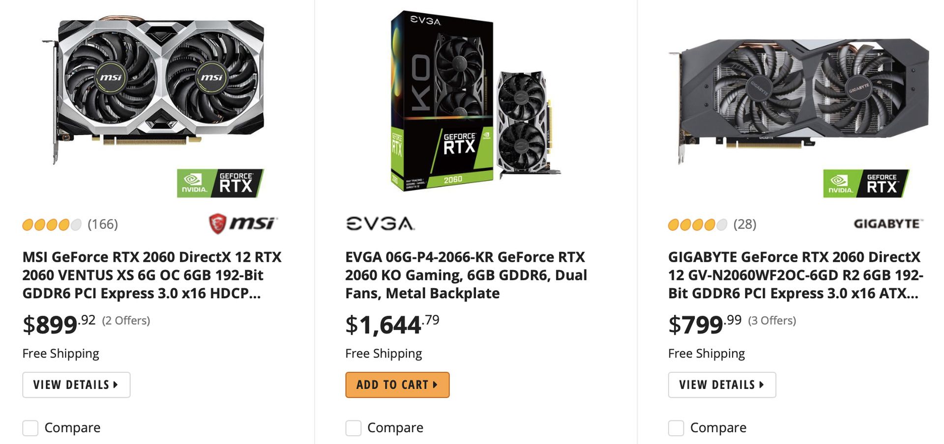 صفحه فروش کارت گرافیک RTX 2060 در وب سایت Newegg