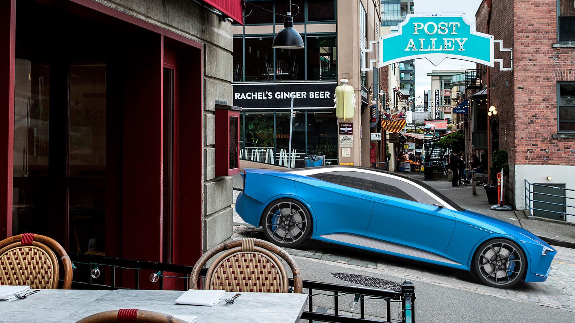 نمای جانبی خودروی مفهومی ولوو کریگر / Volvo Krigare آبی رنگ در کوچه