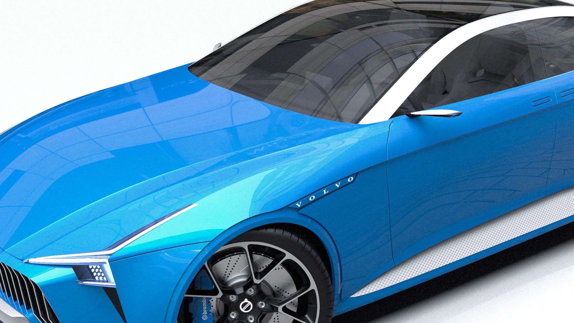 نمای سه چهارم جلو خودروی مفهومی ولوو کریگر / Volvo Krigare آبی رنگ