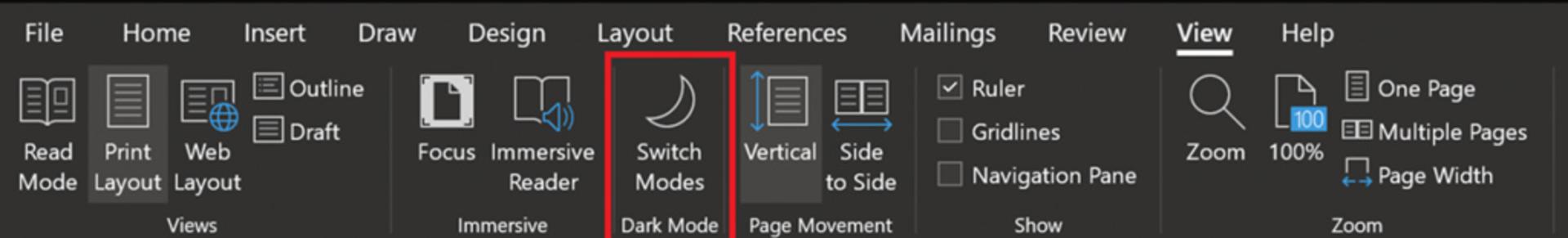 گزینه Switch Modes در نوار ابزار ورد