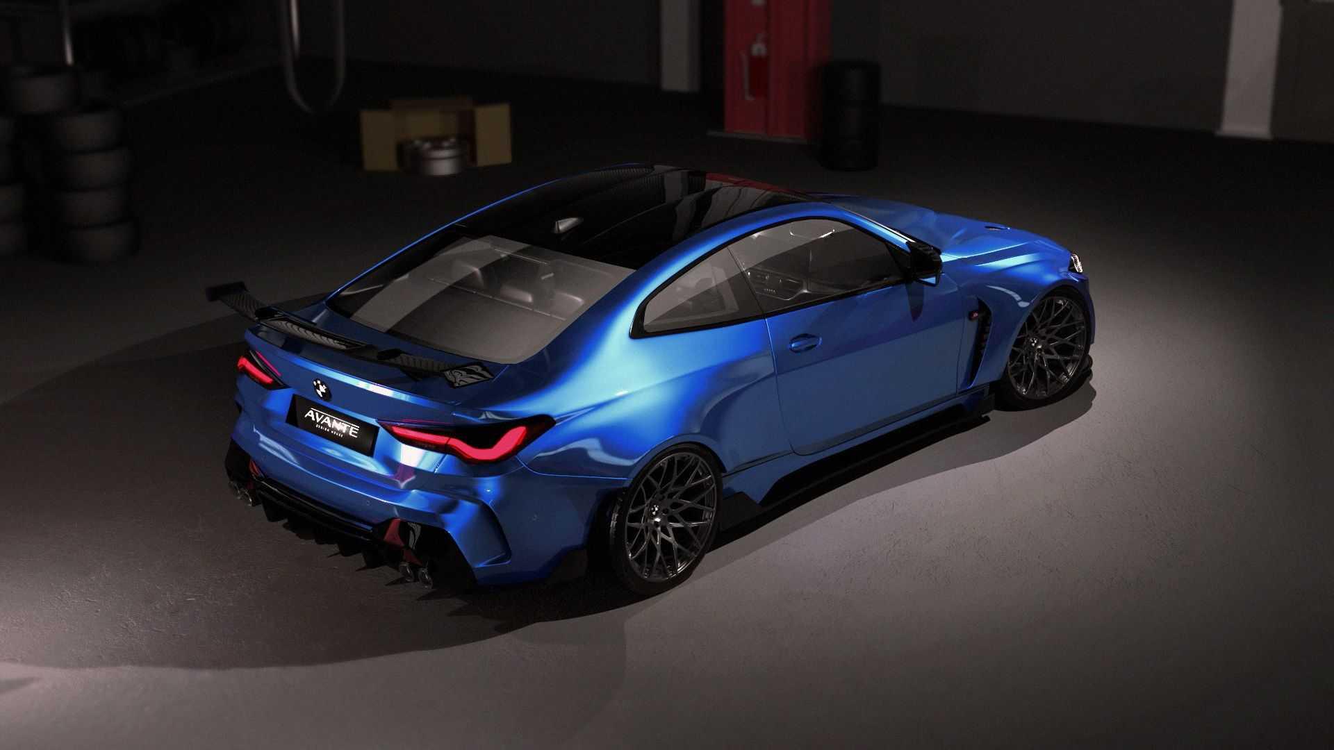 نمای بالا عقب کوپه بی ام و ام 4 /  BMW M4 Coupe با کیت بدنه آوانته دیزاین / Avante Design آبی رنگ