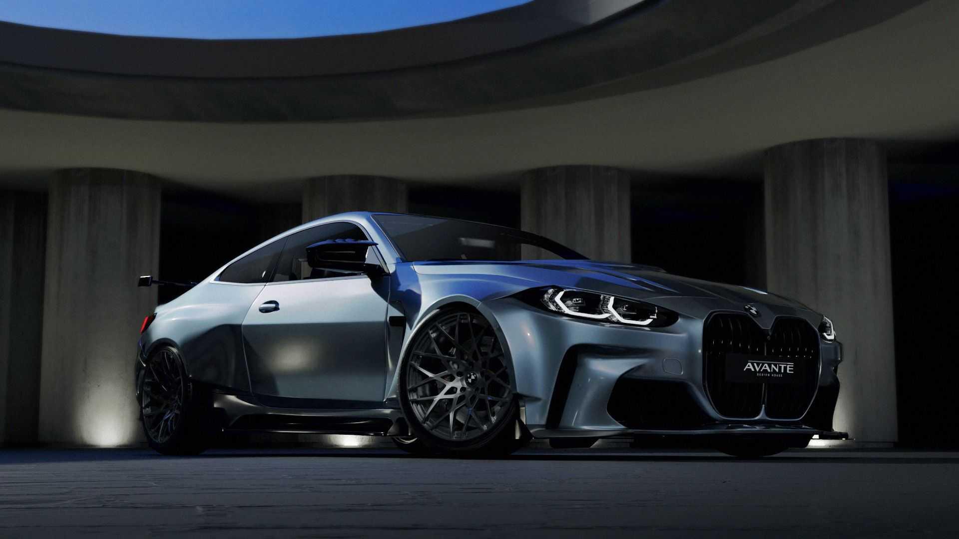 نمای سه چهارم کوپه بی ام و ام 4 /  BMW M4 Coupe با کیت بدنه آوانته دیزاین / Avante Design نقره ای رنگ