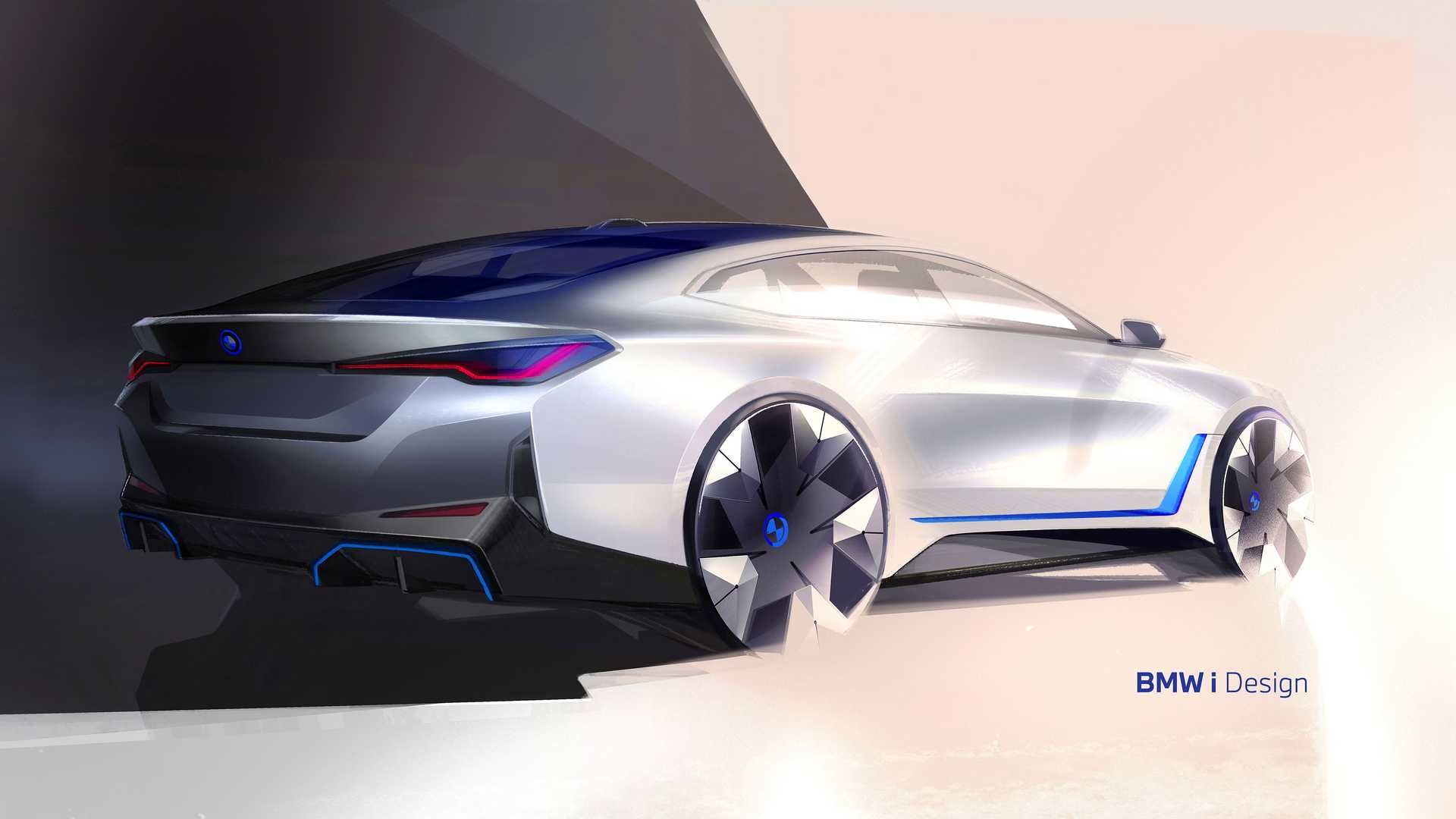 نمای عقب رندر خودروی الکتریکی بی ام و آی 4 / BMW i4 EV سفید رنگ