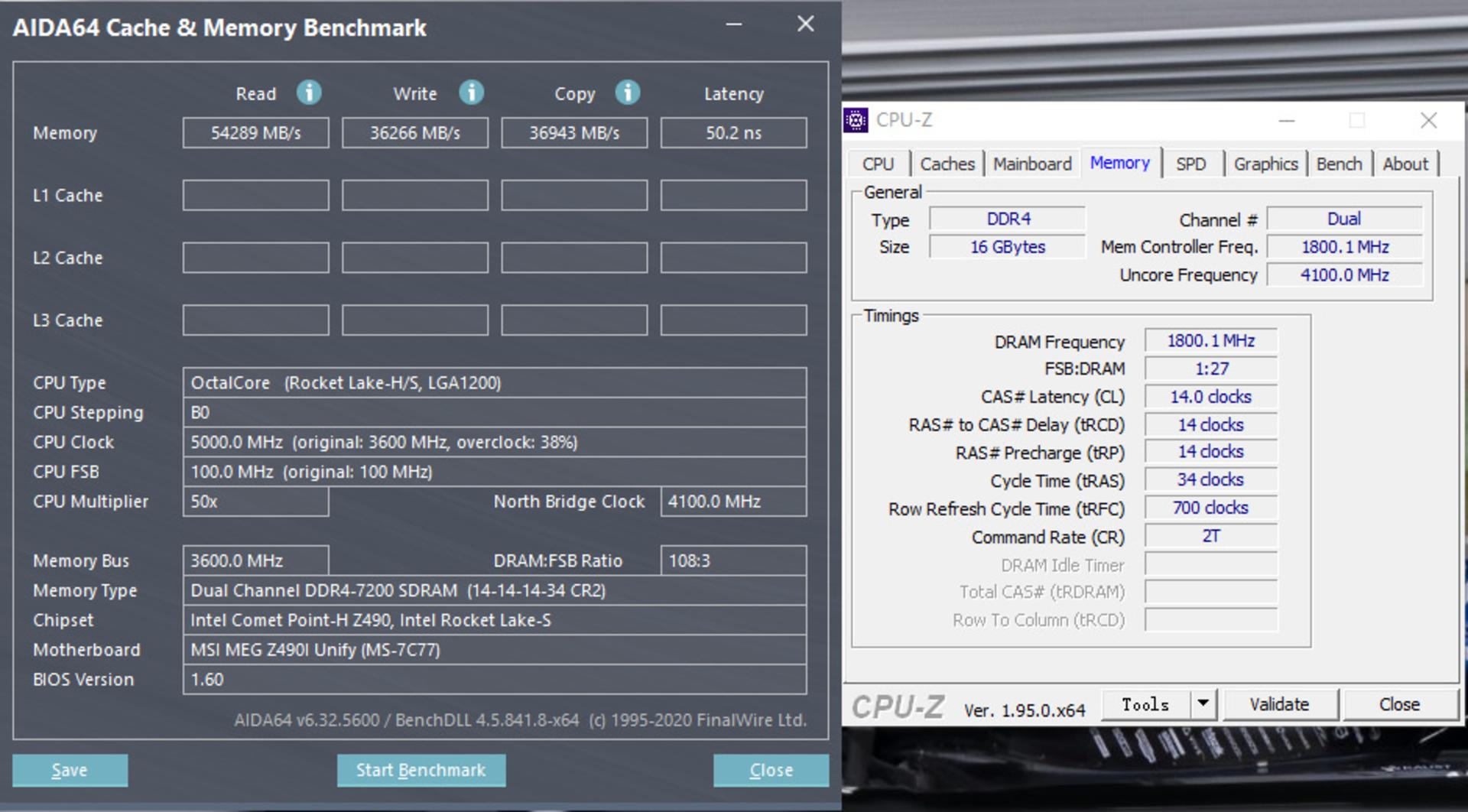 بنچمارک AIDA64 در کنار CPU-Z برای پردازنده Intel Core i7 11700K