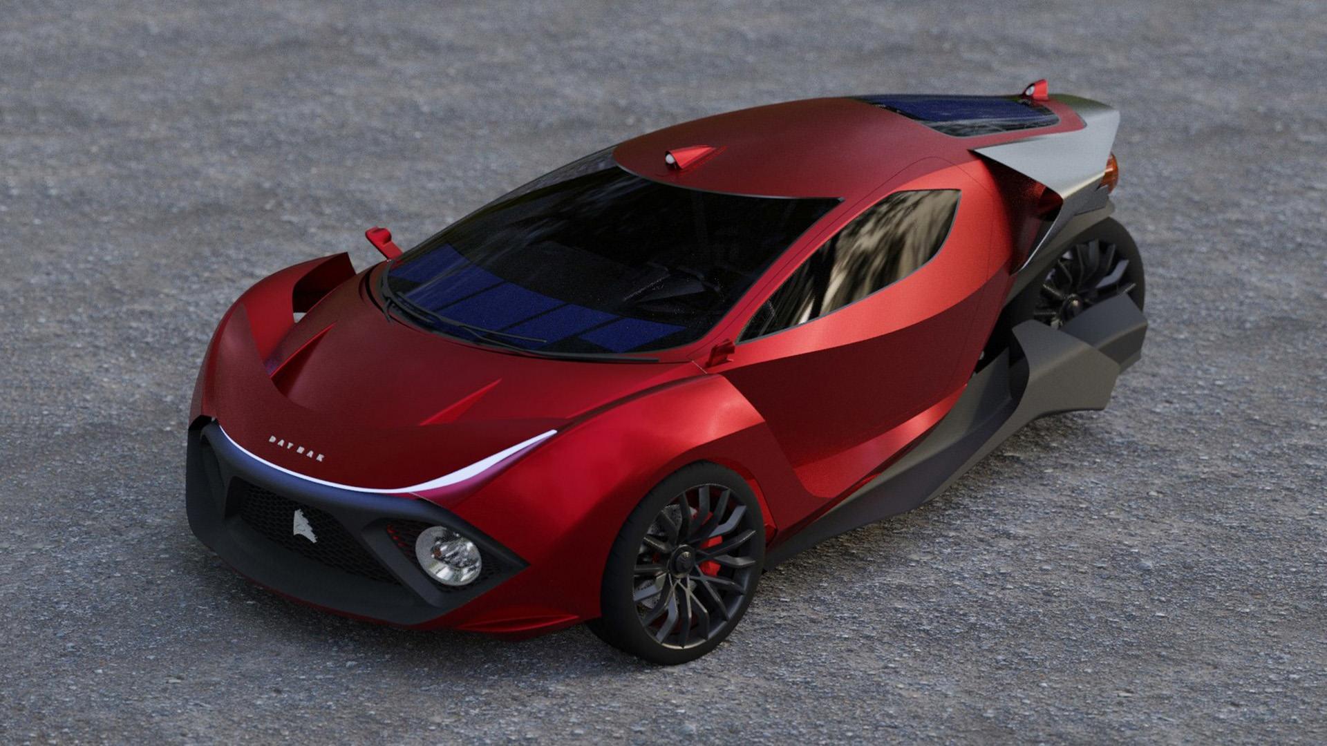 نمای سه چهارم خودروی الکتریکی سه چرخ دیمک اسپریتوس / Daymak Spiritus three-wheeled EV قرمز رنگ 